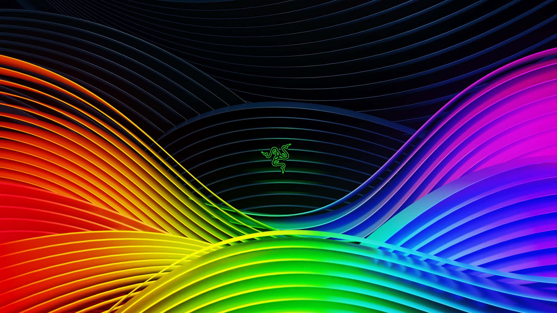 深色背景上動態的彩虹波浪和發光的 Razer 標誌