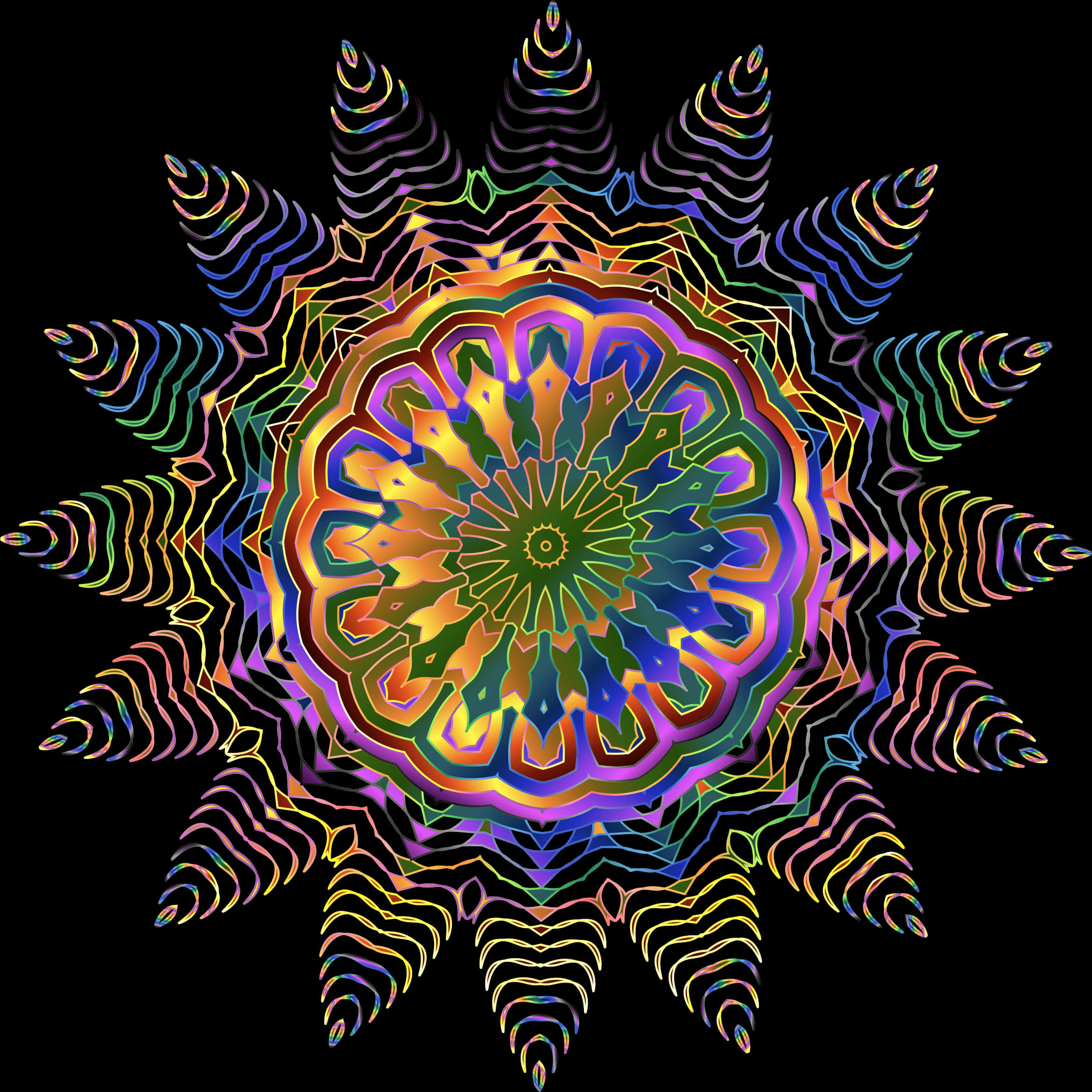 鮮豔曼陀羅藝術 壁紙 — 一個光芒四射的數碼曼陀羅在純黑背景上綻放出鮮豔的彩虹色調，呈現複雜的幾何圖案和對稱的太陽光線。