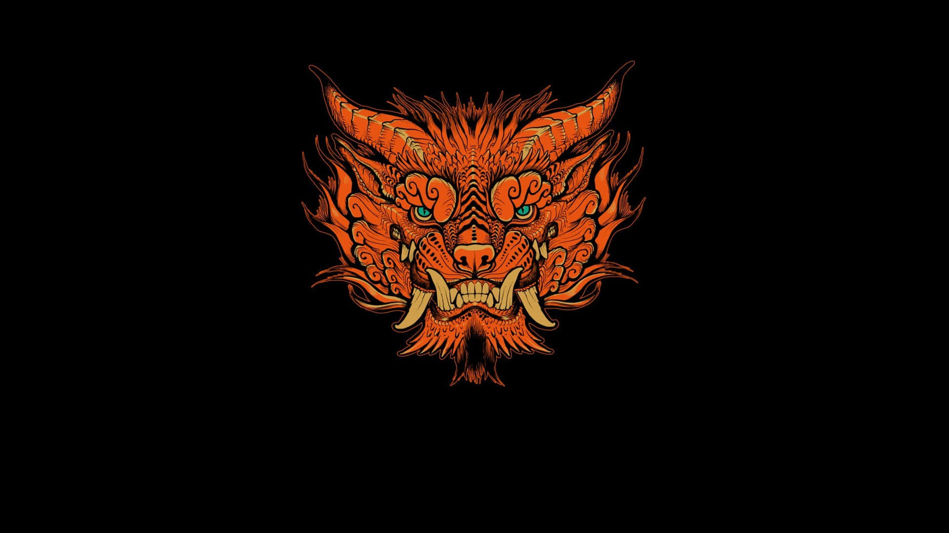 鮮豔橙色龍 壁紙 — 一個熾熱橙色惡魔面孔，帶有發光的綠色眼睛和鋒利的角，在黑色背景下強烈凝視。