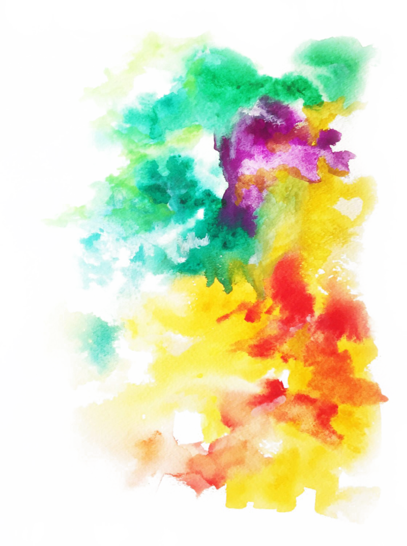 鮮豔水彩爆裂背景 壁紙 — 綠色、紫色、黃色和紅色的鮮豔水彩潑濺，在帶有粗糙黑色邊緣的純白色背景上動態融合。