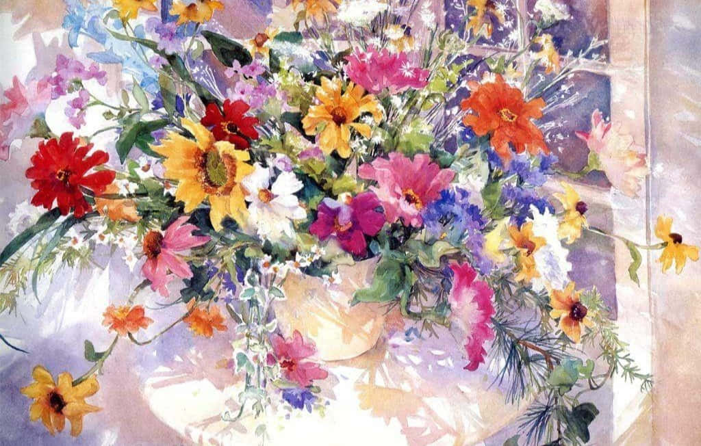 鮮豔水彩畫作 壁紙 — 一束充滿活力的水彩花束，包含紅色、黃色、粉紅色和紫色的花朵，從陽光照射的窗戶附近的花瓶中溢出。