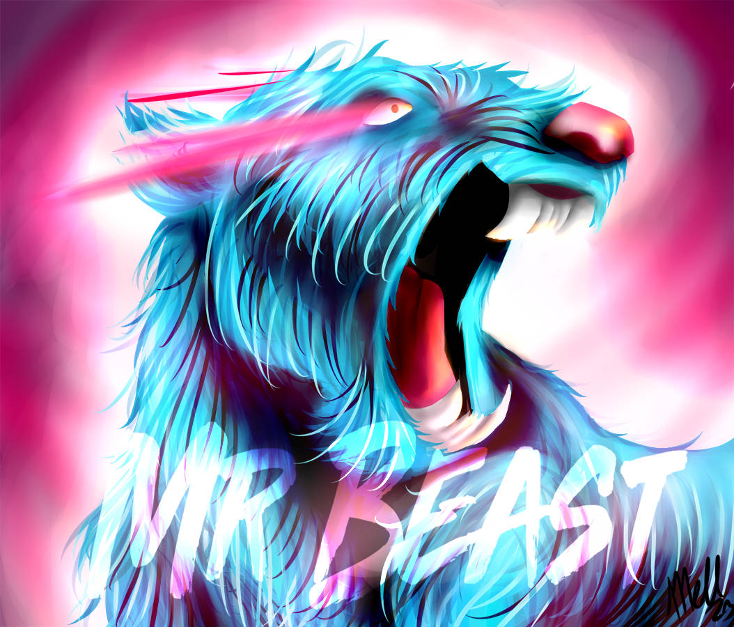 霓虹藍色野獸咆哮，帶有粉紅色激光眼睛和「MR BEAST」文字。