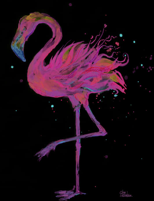 鮮豔火烈鳥水彩藝術 壁紙 — 一隻充滿活力的螢光粉紅火烈鳥在繁星點點的黑色背景上，伴隨著色彩繽紛的潑濺，優雅地站立。