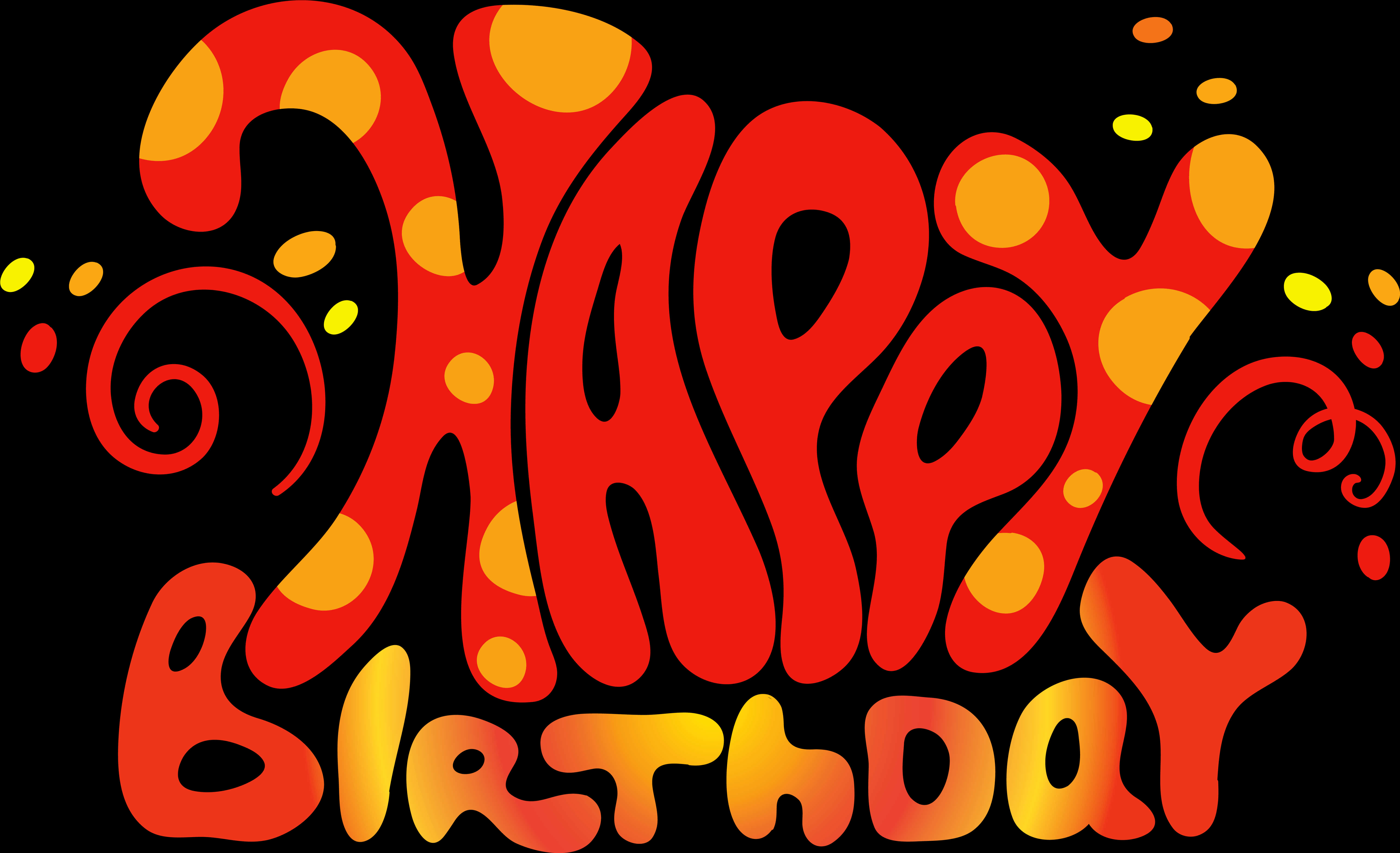 鮮豔生日快樂文字 壁紙 — 大膽的紅色和橙色「Happy Birthday」文字，帶有黃色圓點漩渦，背景為黑色。