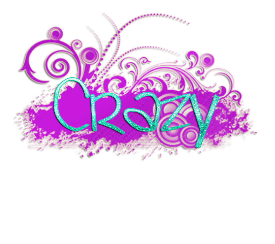 鮮豔瘋狂文字圖形 壁紙 — 「Crazy」一詞以閃爍的青綠色字體呈現，並由華麗的紫色漩渦環繞，背景為鮮豔的洋紅色。