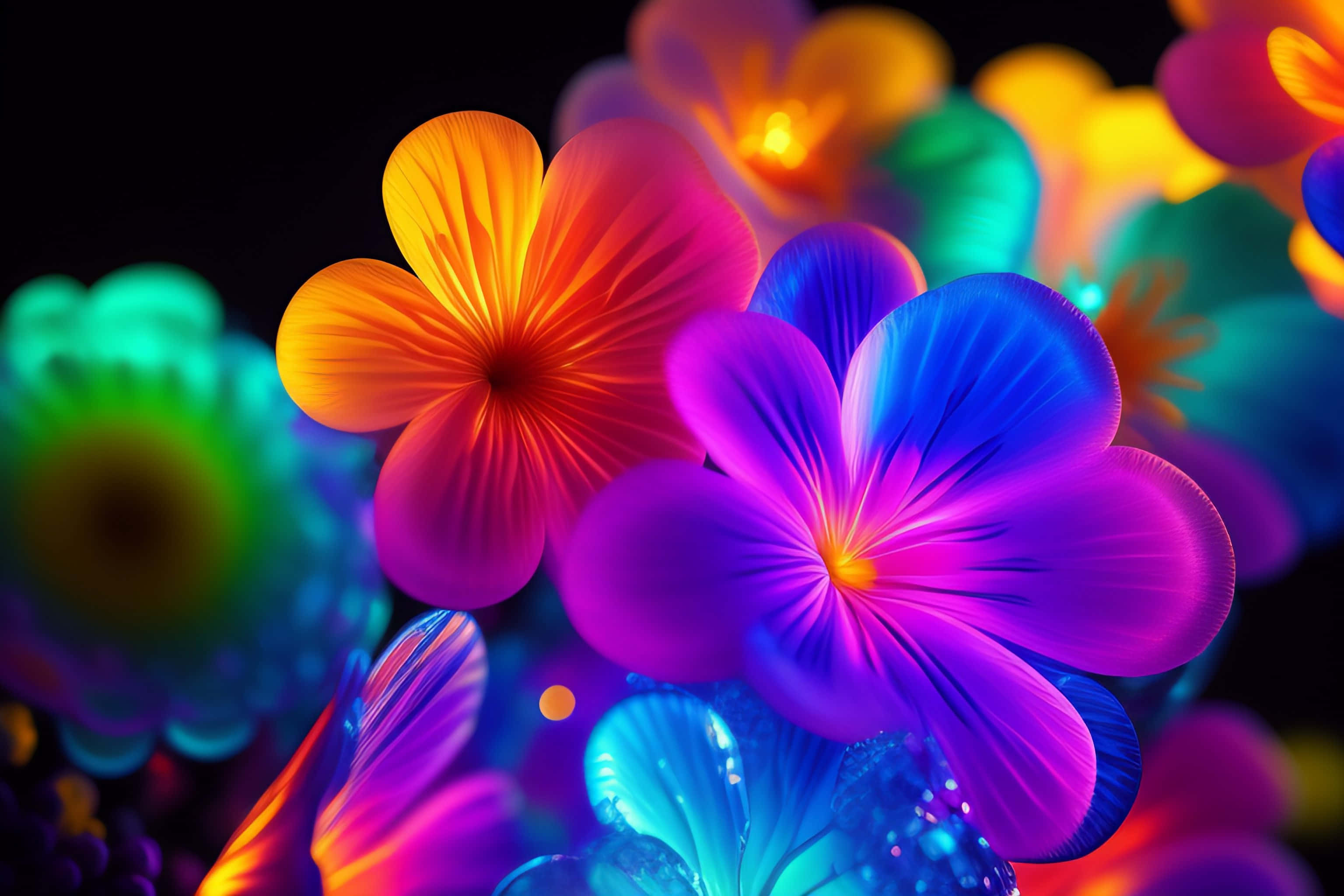Colorful Flowers 桌布 壁紙 — 鮮豔發光的花朵以電光色調在黑暗背景中綻放，伴隨著耀眼的光束。