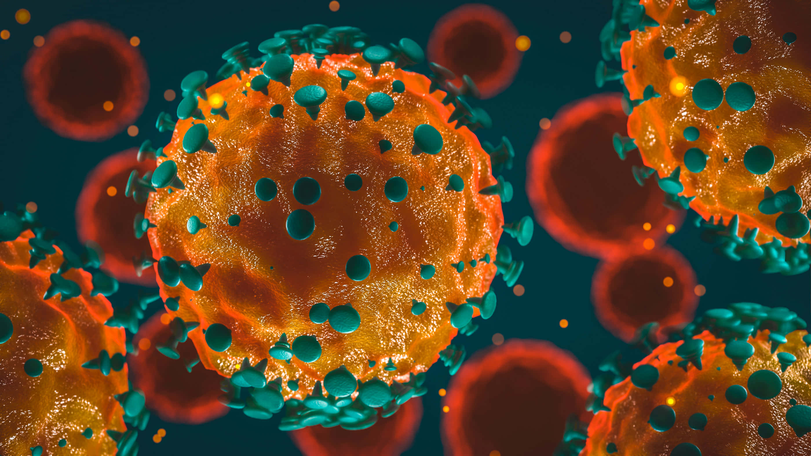 Coronavirus 桌布 壁紙 — 鮮豔的3D渲染病毒粒子，帶有橙色衣殼和青綠色尖刺，漂浮在深青綠色背景上。