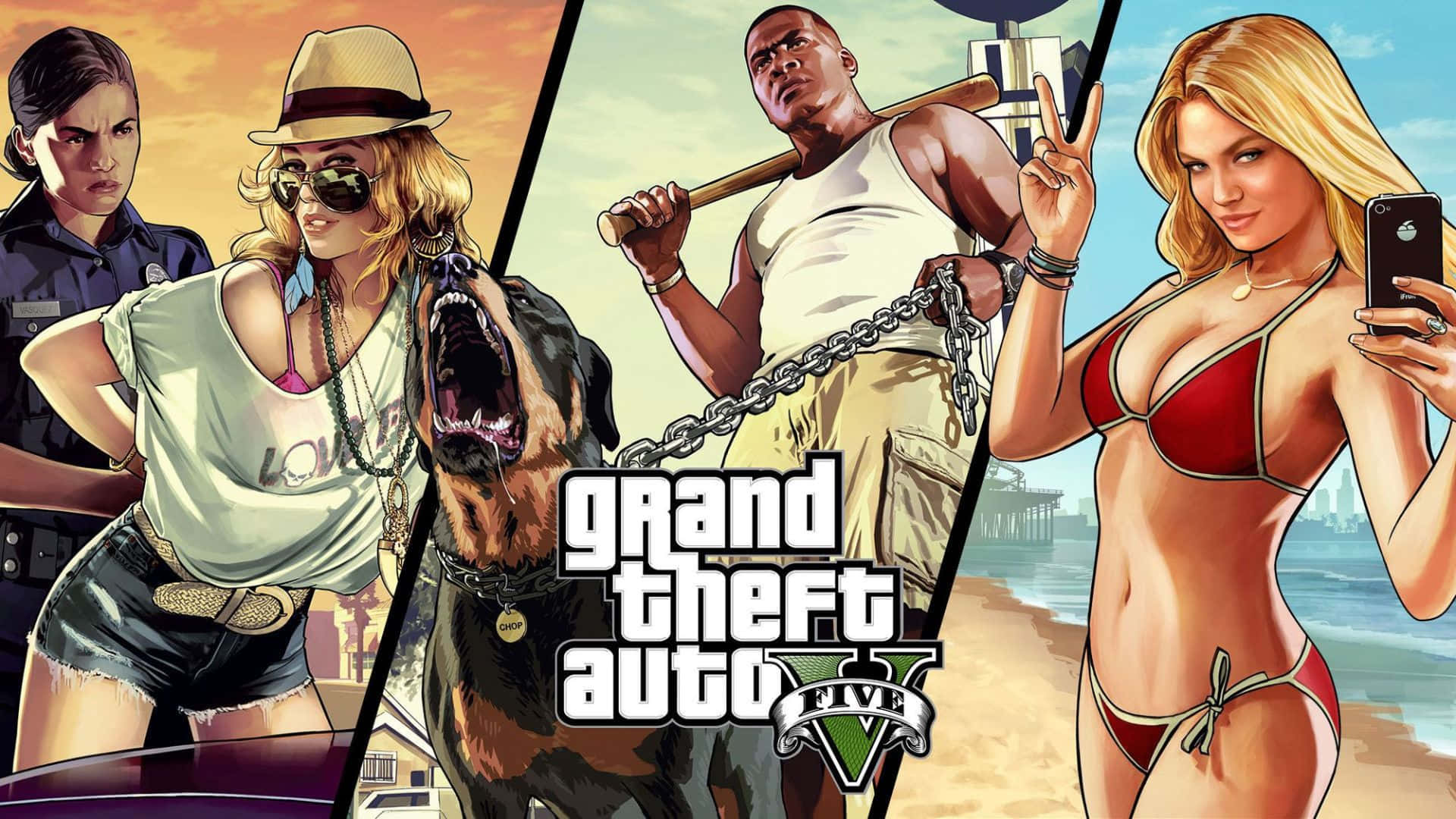 Grand Theft Auto V - GTA V 壁紙 — 鮮豔的GTA V宣傳藝術，以日落海灘為背景，採用大膽的漫畫風格，呈現四個標誌性角色。