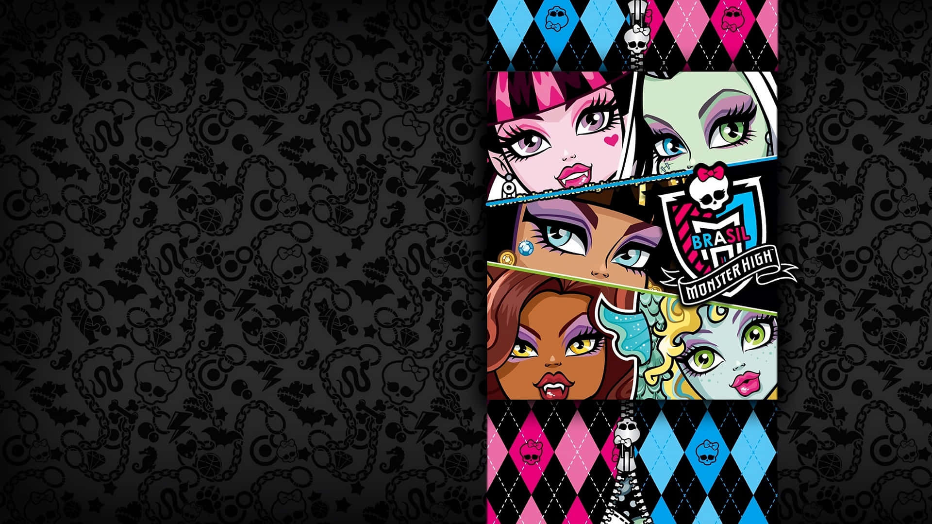 Monster High 桌布 壁紙 — 鮮豔的Monster High角色肖像在帶有骷髏和鎖鏈的深色圖案背景上彈出。