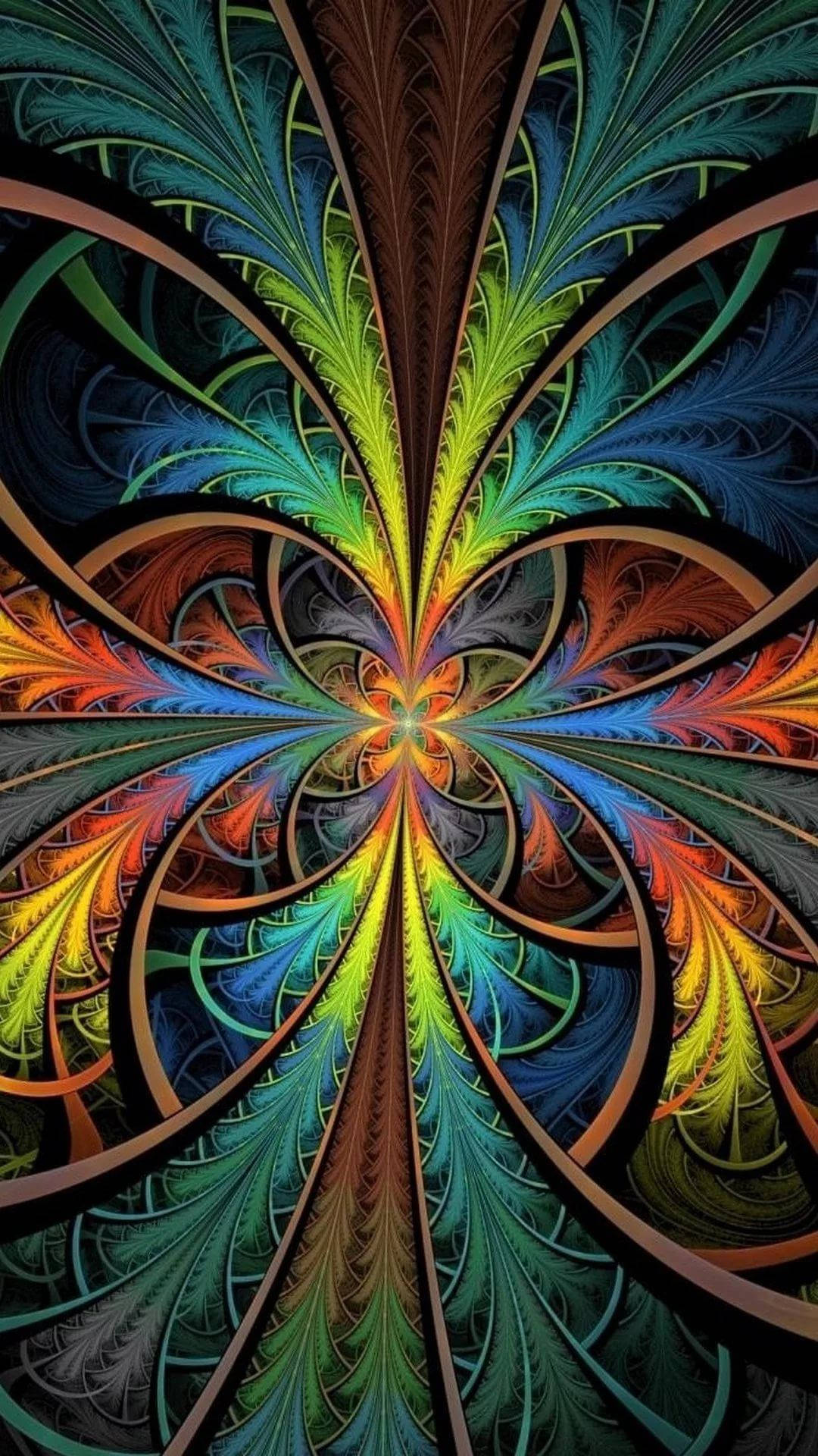 迷幻 桌布 壁紙 — 鮮豔的分形圖案在深色背景上以彩虹色調的對稱爆炸向外輻射。