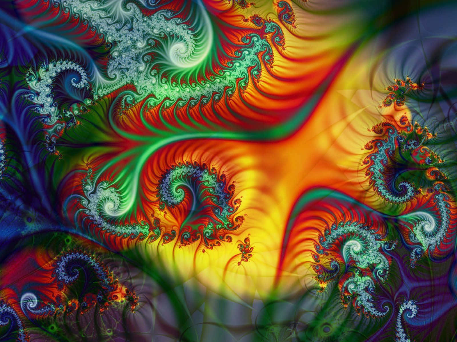 Trippy Fractals 桌布 壁紙 — 鮮豔的分形圖案在火熱的橙色和冷藍色中旋轉，創造出色彩和複雜性的迷人數位爆炸。