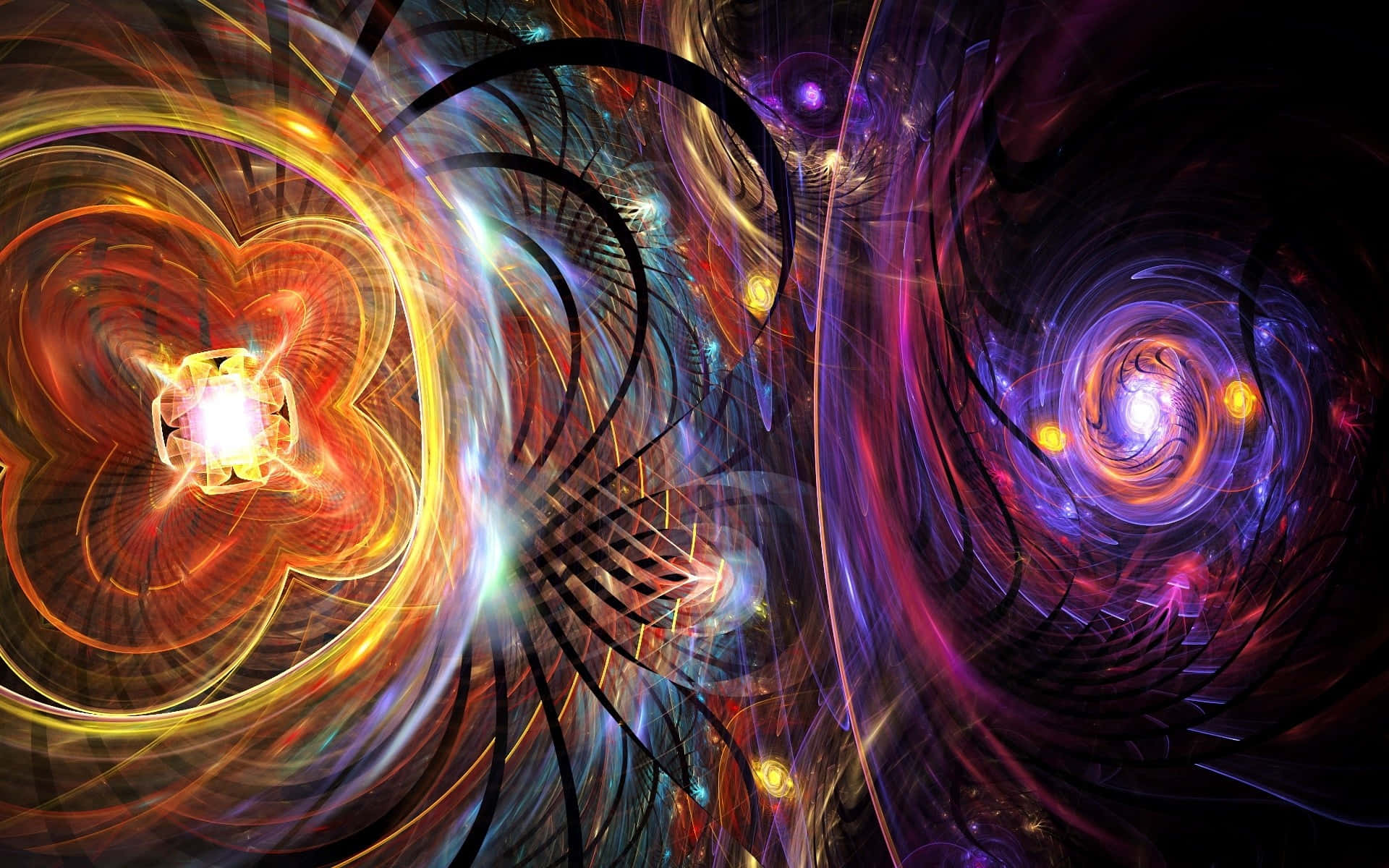 Trippy 3d Art 桌布 壁紙 — 鮮豔的分形圖案在熾熱的橙色和宇宙紫色中旋轉，映襯著黑暗虛空，創造出迷人的數位漩渦。