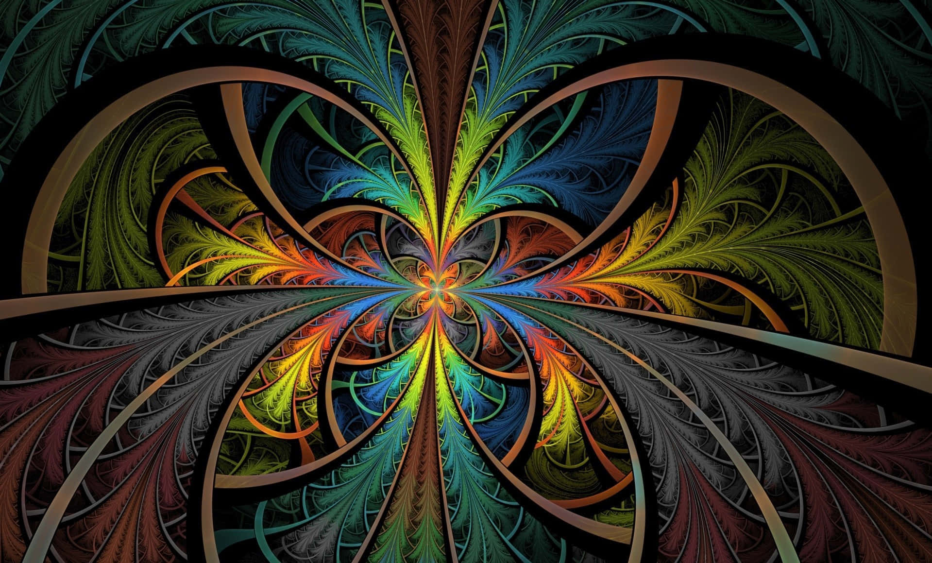 Trippy 3d Art 桌布 壁紙 — 鮮豔的分形圖案從中心點向外輻射，在深色背景上形成旋轉對稱的色彩爆發。