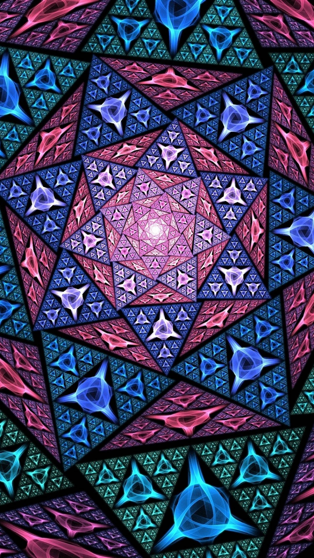 幾何 桌布 壁紙 — 鮮豔的分形圖案從發光的中心散發出來，帶有藍色和粉紅色的幾何形狀，背景為深色。
