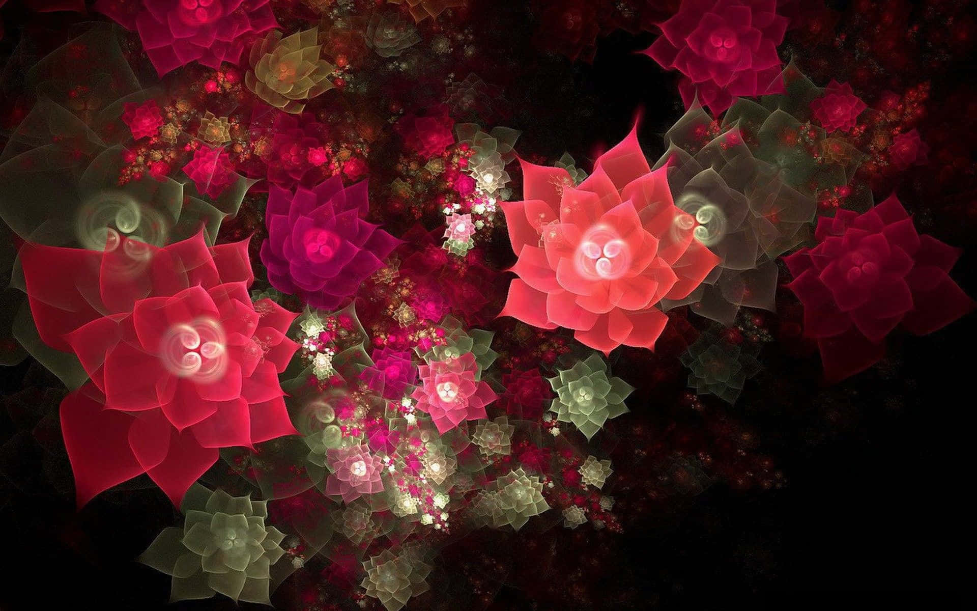Abstract Rose 桌布 壁紙 — 鮮豔的分形花朵在深色背景上以發光的紅色和粉紅色綻放，帶有複雜的發光圖案。