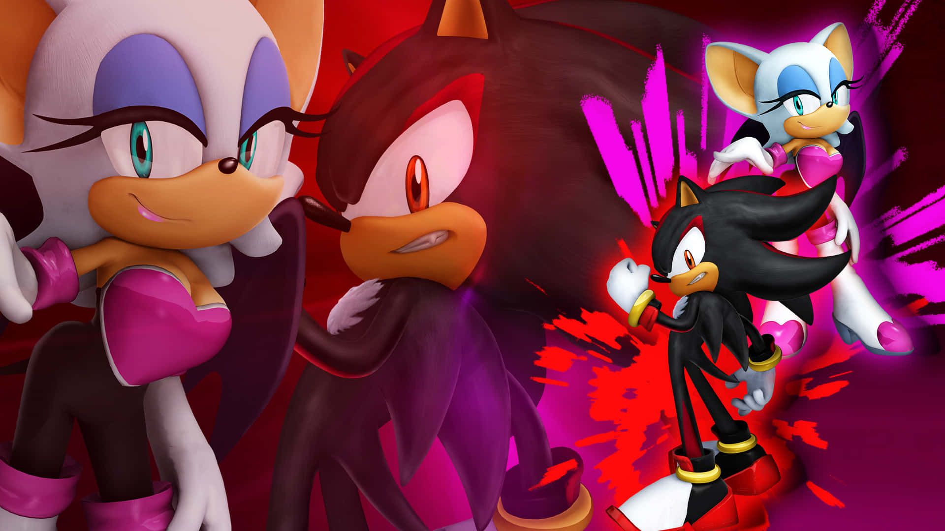 Rouge The Bat 桌布 壁紙 — 鮮豔的動漫風格角色，以動態姿勢展現大膽的紅色和粉紅色能量爆發。
