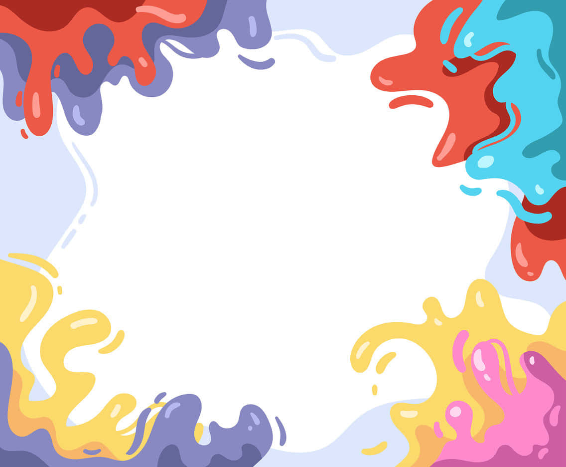 Vector Art 桌布 壁紙 — 鮮豔的卡通油漆飛濺，紅色、藍色、黃色和粉紅色，在淺藍色背景上框出一個白色中心。