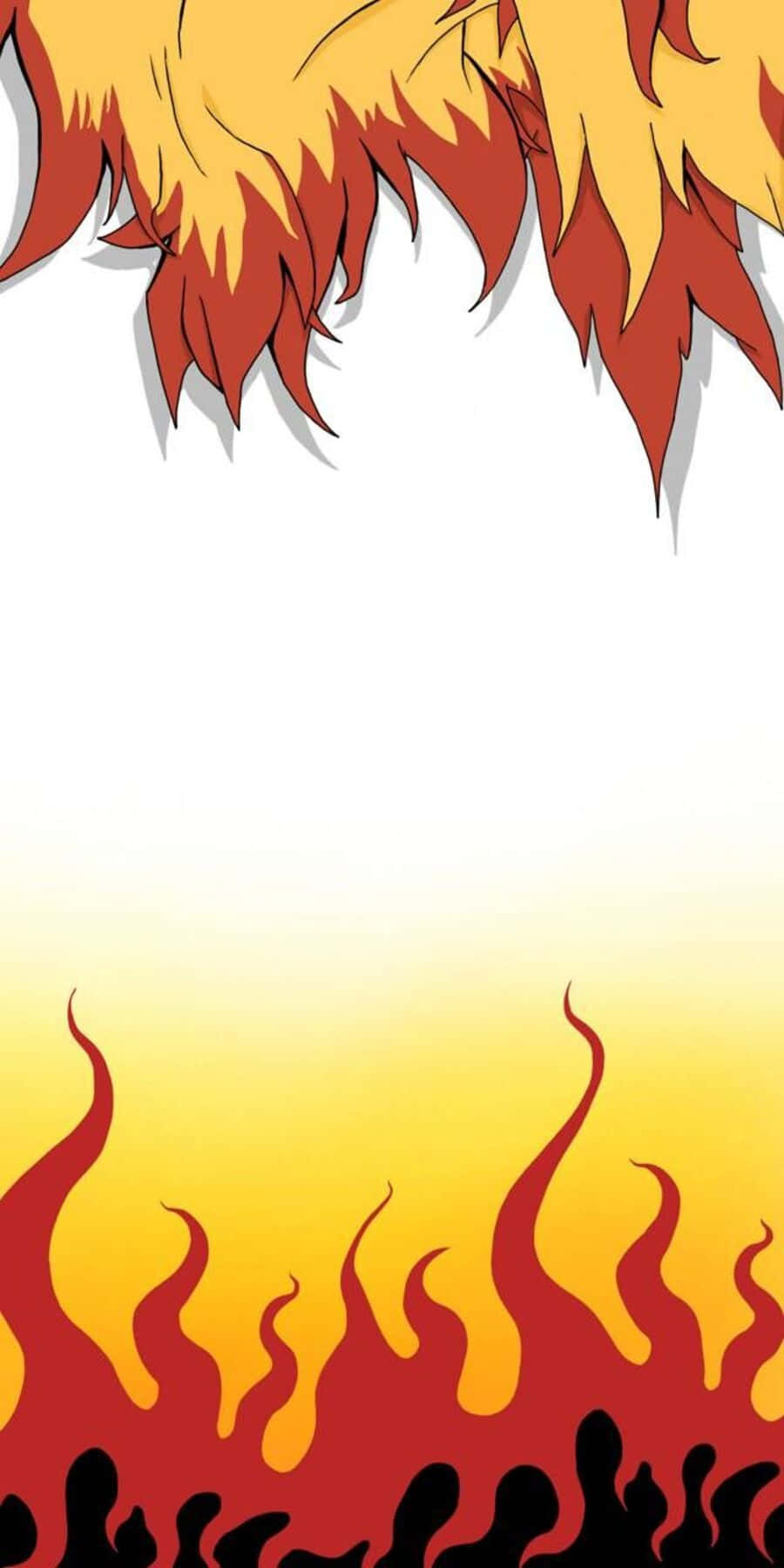 Rengoku Minimalist 桌布 壁紙 — 鮮豔的卡通火焰以紅色、橙色和黃色框住白色背景的頂部和底部。