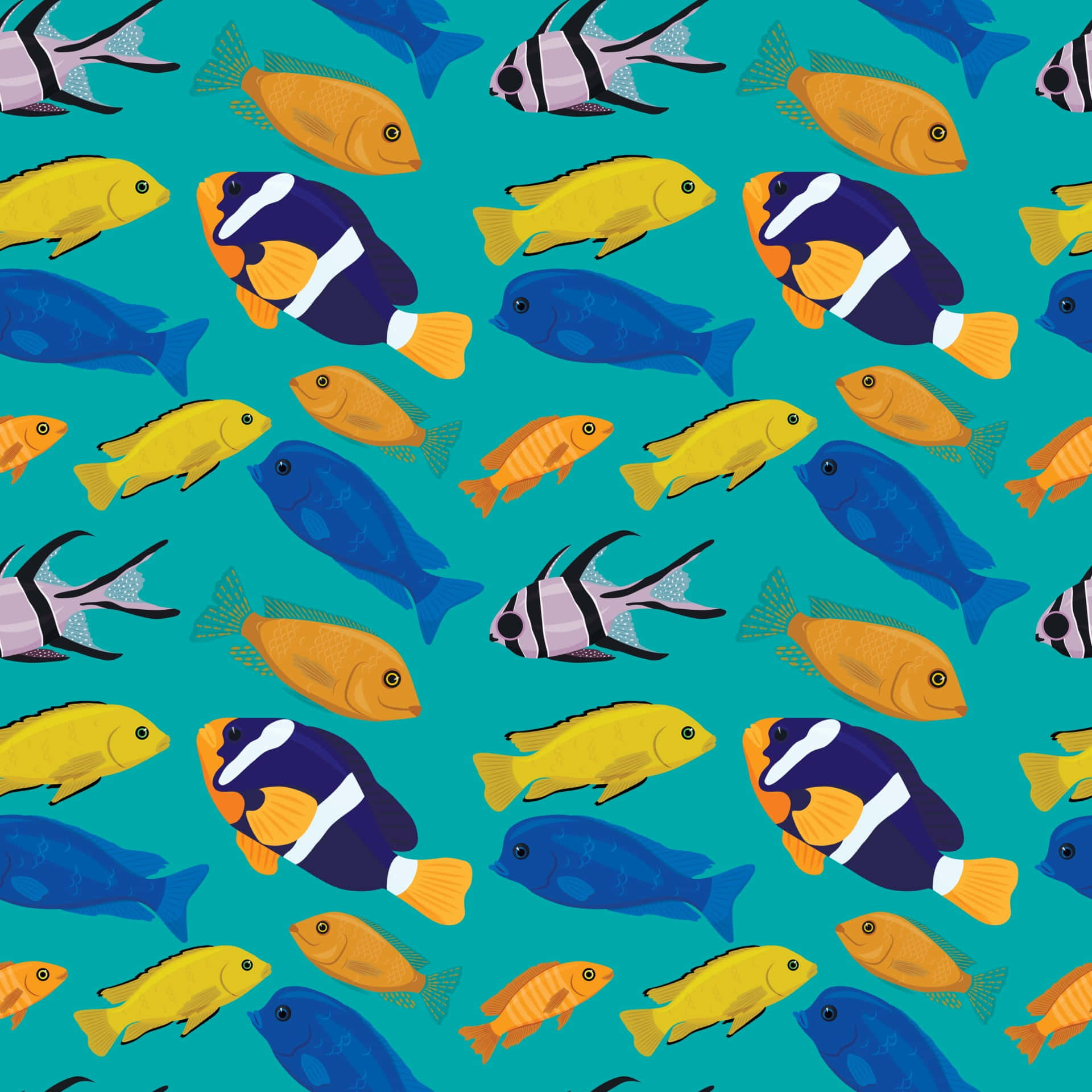 Kawaii Sea Creatures 桌布 壁紙 — 鮮豔的卡通魚在青綠色背景上以重複圖案游動。