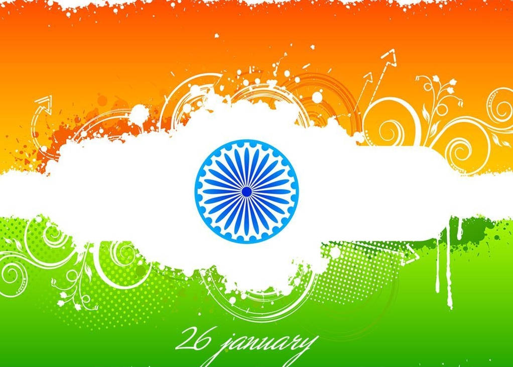 India 桌布 壁紙 — 鮮豔的印度國旗，白色條帶中央有藍色阿育王法輪，由橙色和綠色漸變色框住，帶有白色漩渦和「26 january」文字。