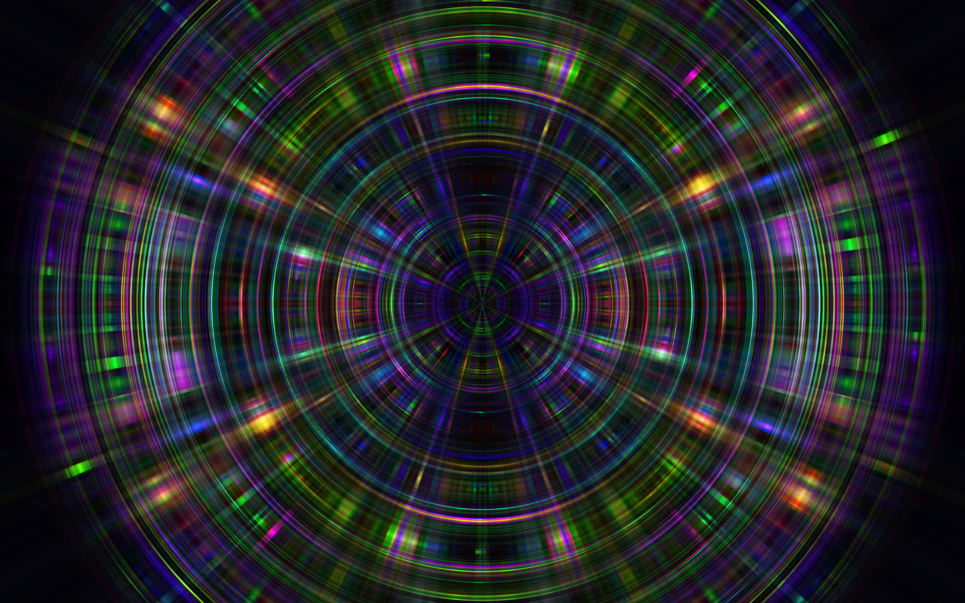Trippy 3d Art 桌布 壁紙 — 鮮豔的同心圓霓虹光環從黑暗中心向外輻射，營造出催眠般的數位隧道效果。
