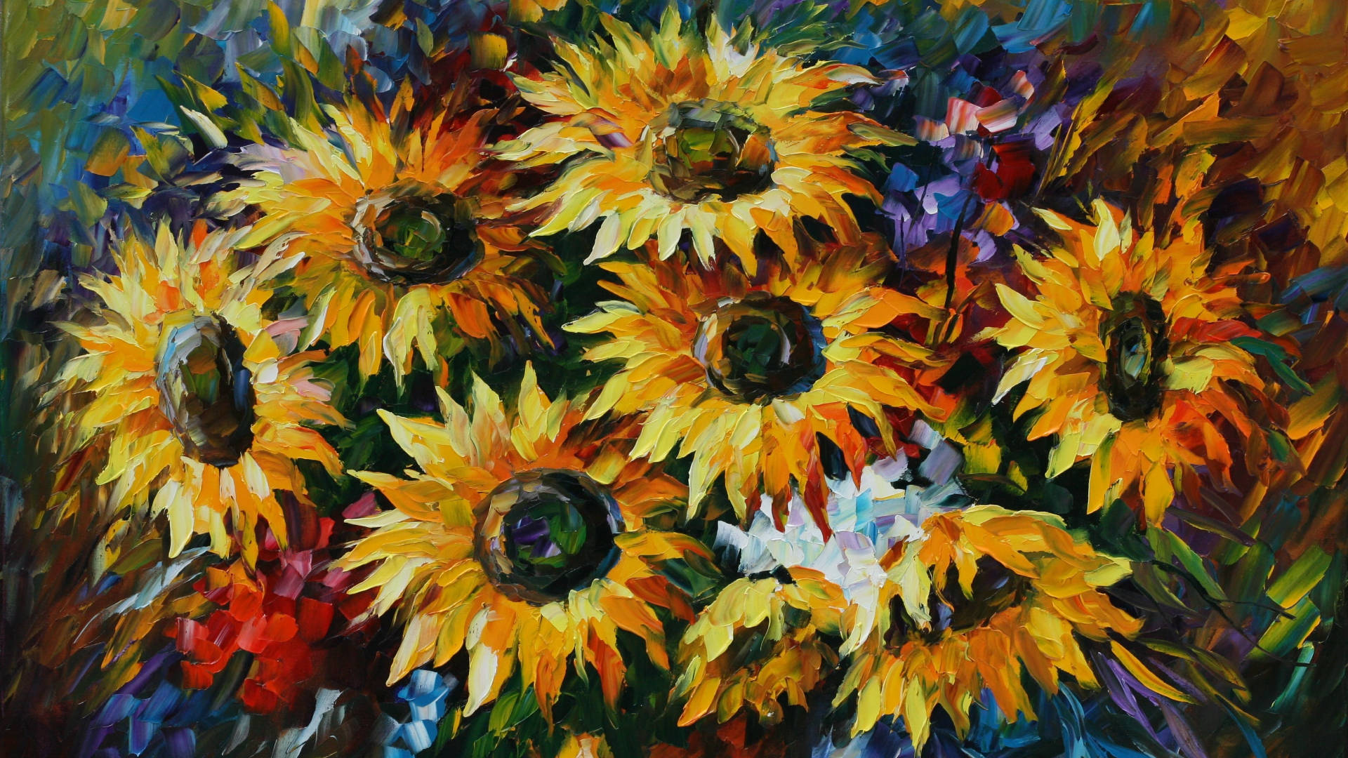 Painting 桌布 壁紙 — 鮮豔的向日葵在豐富紋理、色彩繽紛的抽象背景上綻放金色花瓣。