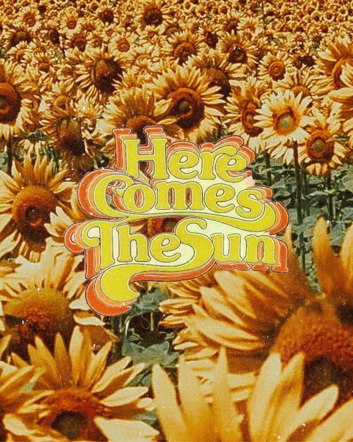 Psychedelic 70s Aesthetic 桌布 壁紙 — 鮮豔的向日葵填滿了框架，後面是粗體復古文字「Here Comes The Sun」，採用溫暖的黃色和橙色色調。
