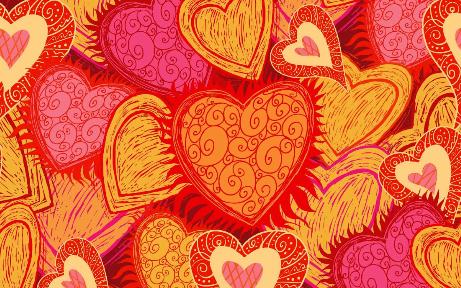 Heart Art 桌布 壁紙 — 鮮豔的圖案，由紅色、橙色和粉紅色的華麗心形組成，帶有漩渦狀細節，密集重疊。
