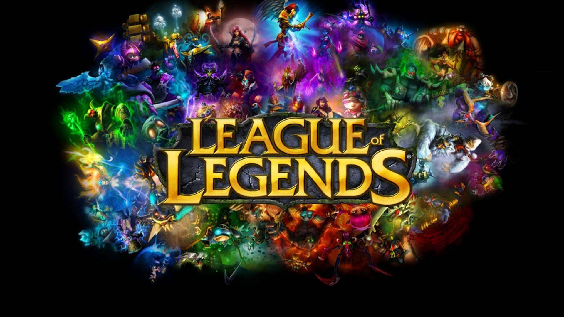 背景 桌布 壁紙 — 鮮豔的奇幻角色在黑色背景上圍繞著發光的金色League of Legends標題爆炸。