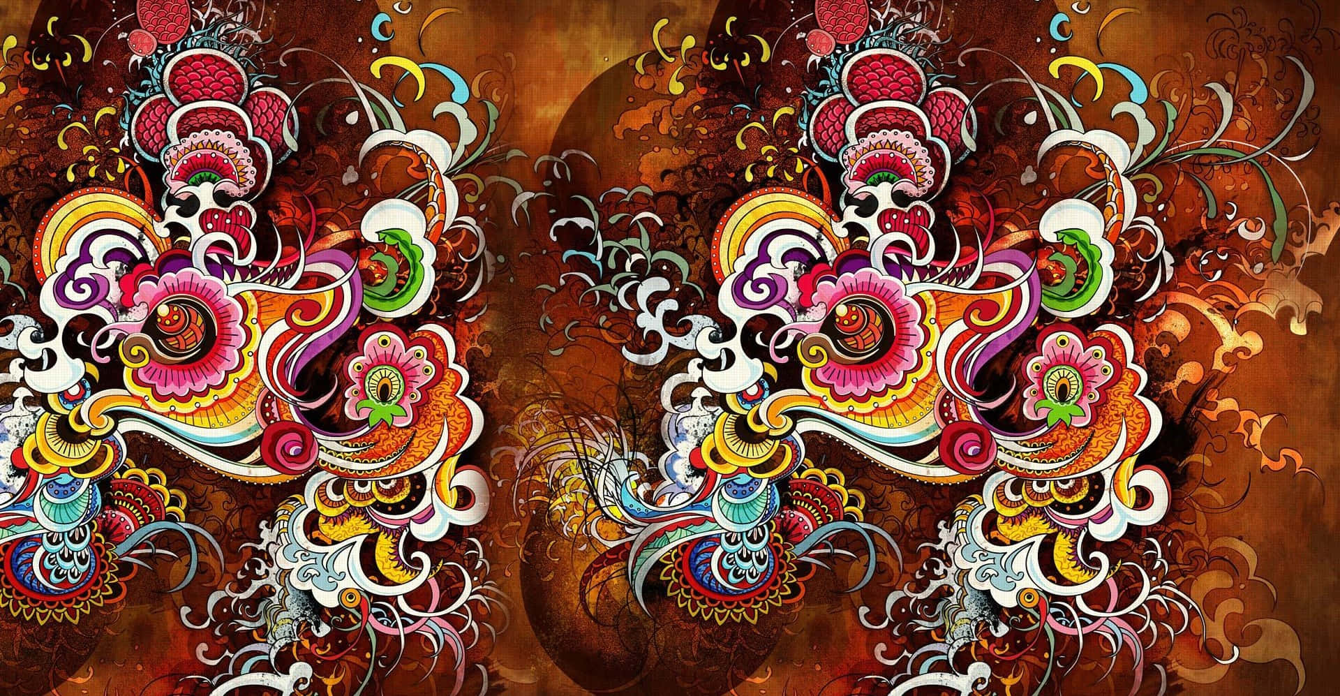 Painting 桌布 壁紙 — 鮮豔的對稱花卉圖案在帶有紋理的棕色背景上以豐富色彩旋轉。