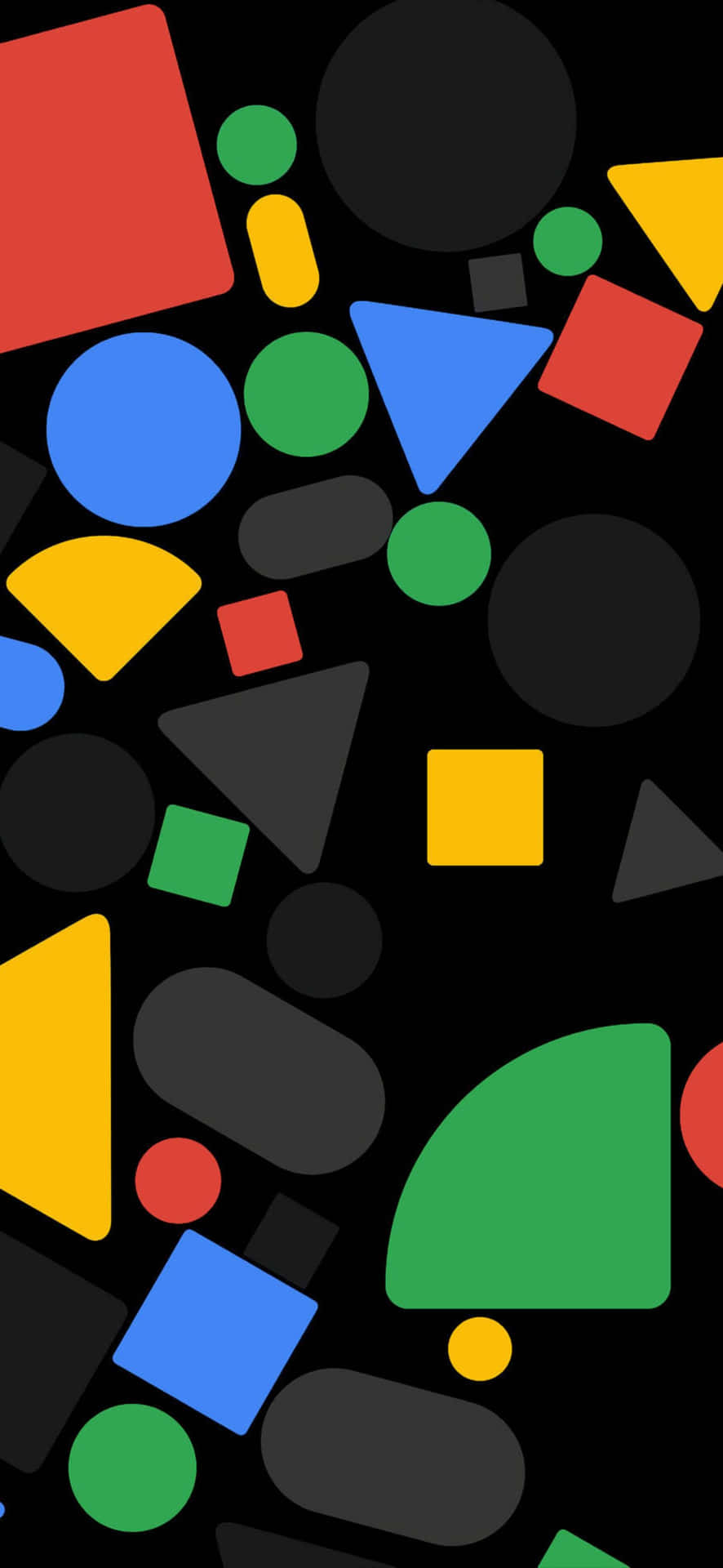 Google Pixel 6 Pro 桌布 壁紙 — 鮮豔的幾何形狀以大膽的色彩漂浮在純黑色背景上，營造出動態的抽象構圖。