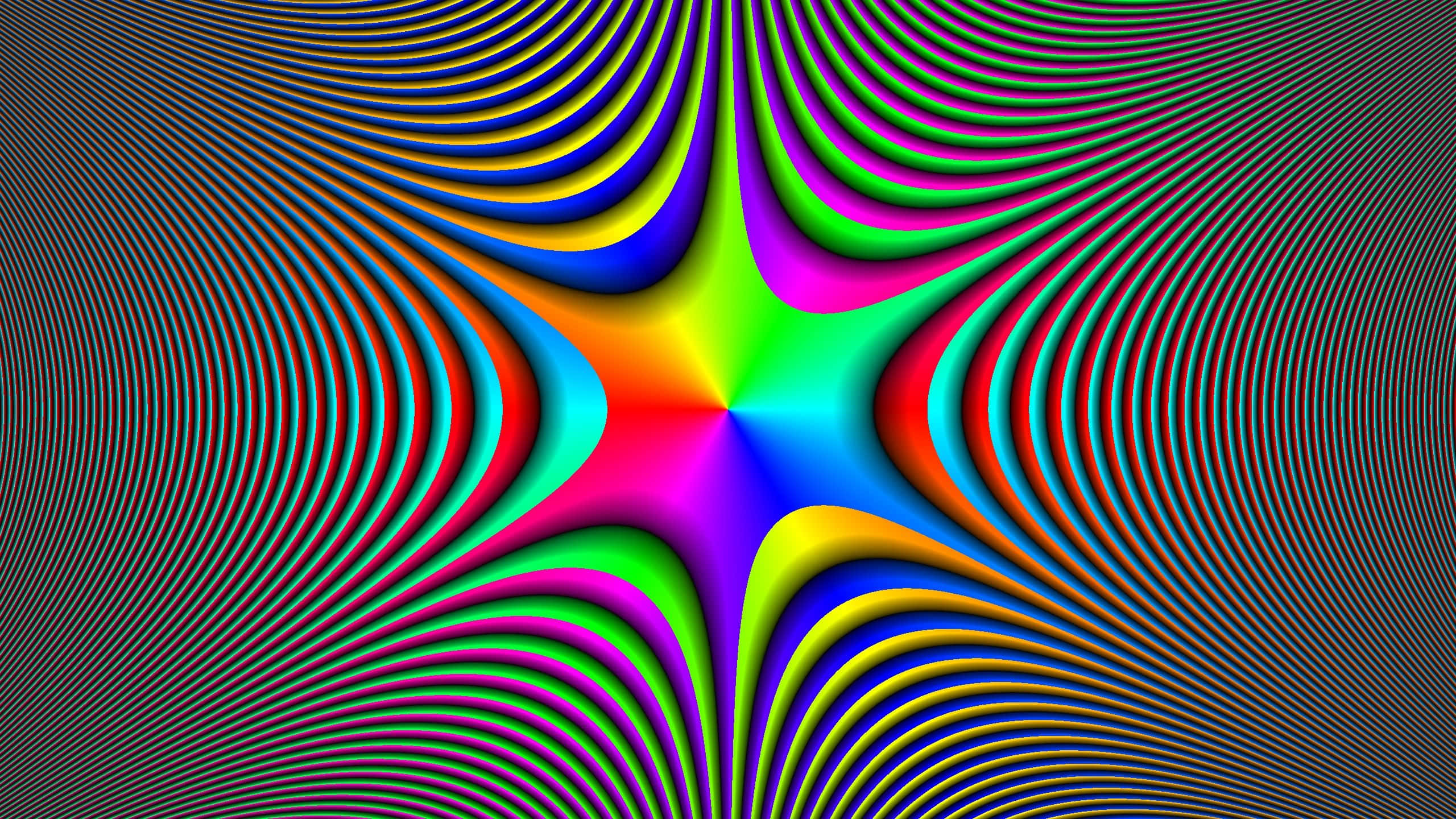 Illusion 桌布 壁紙 — 鮮豔的彩虹星爆從中心向外輻射，在黑色背景上形成催眠般的同心波紋。