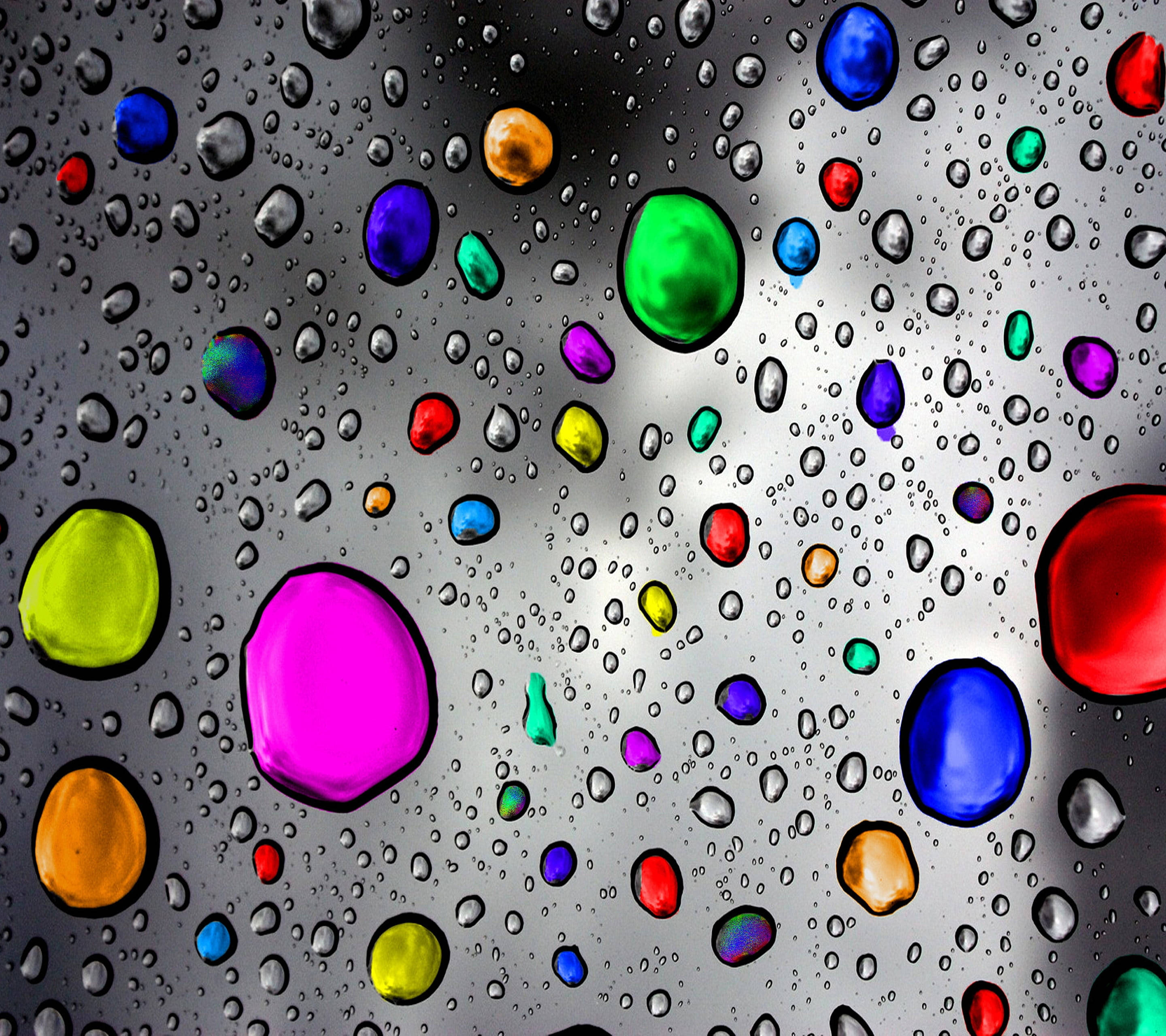 color full HD 桌布 壁紙 — 鮮豔的彩虹色水滴依附在玻璃表面上，背景為深灰色。