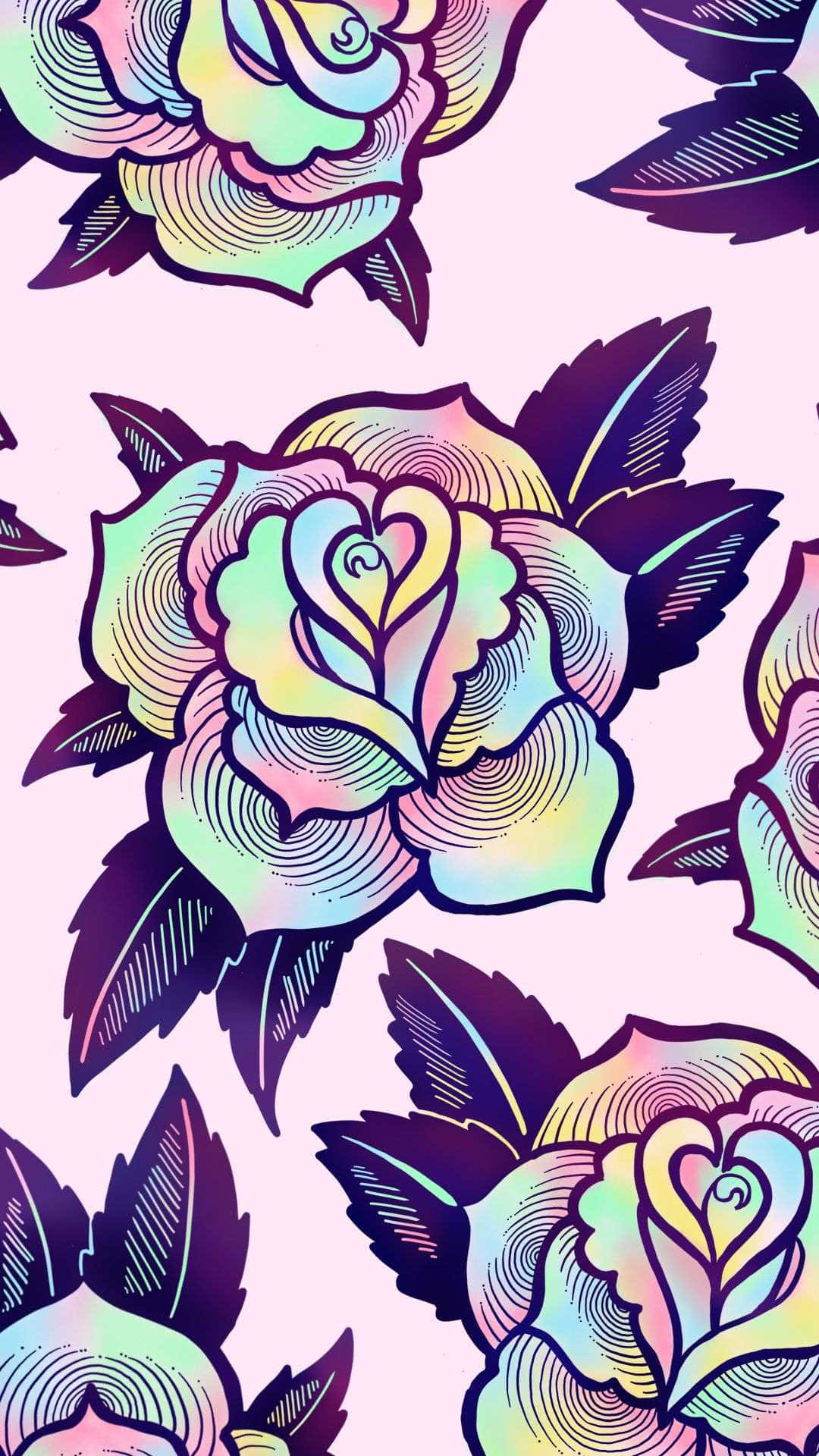 Psychedelic Flowers 桌布 壁紙 — 鮮豔的彩虹色玫瑰配深色葉子在柔和的粉紅色背景上重複，形成風格化的數位藝術圖案。