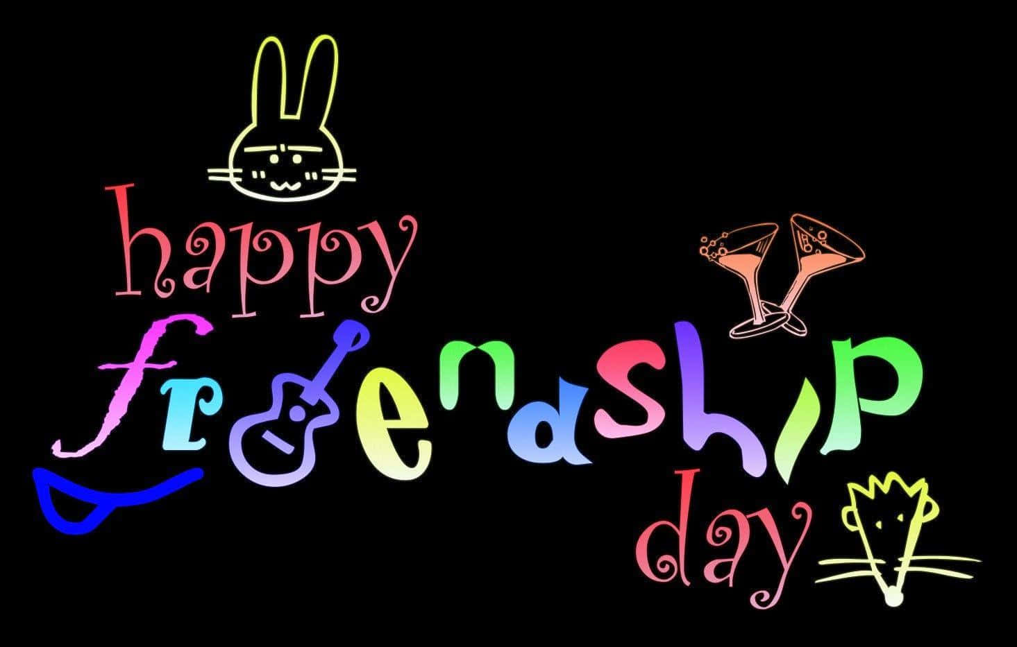 Friendship Day 桌布 壁紙 — 鮮豔的彩虹色霓虹風格文字拼出「happy friendship day」，並在黑色背景上配有兔子、結他、雞尾酒和皇冠等有趣圖標。