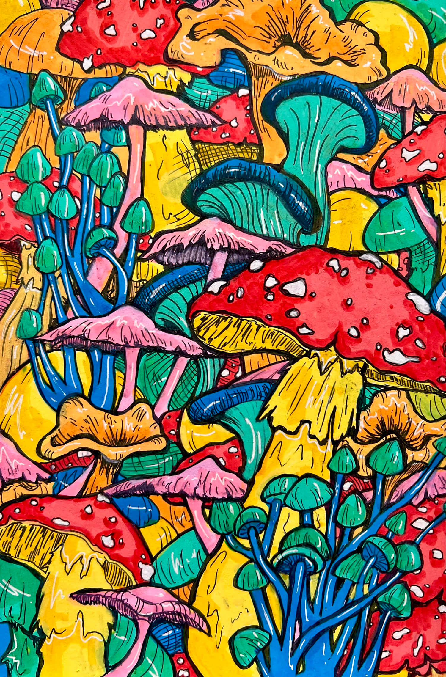 Trippy Mushroom 桌布 壁紙 — 鮮豔的手繪蘑菇以大膽的紅色、粉紅色、藍色和黃色色調填滿框架，形成一個奇特的密集圖案。