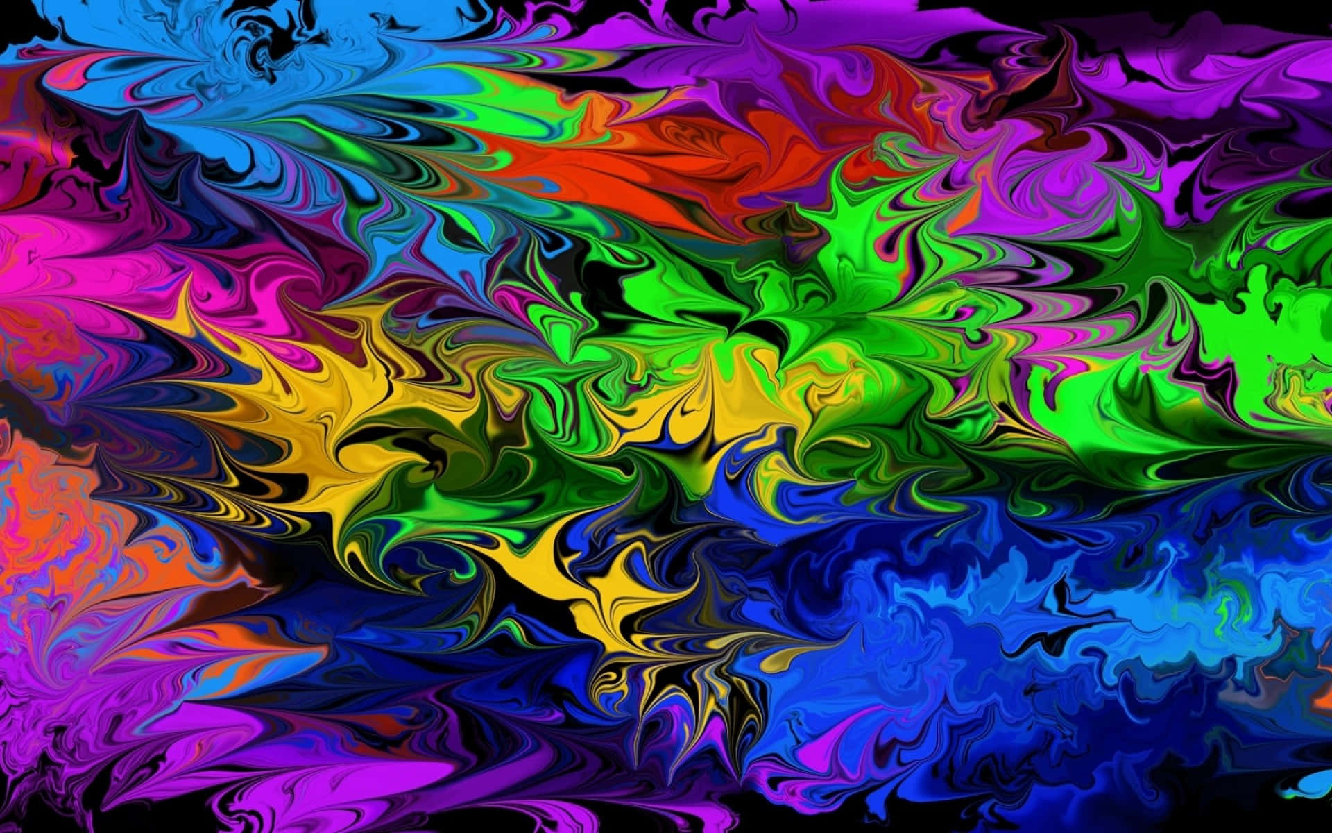 Trippy 3d Art 桌布 壁紙 — 鮮豔的旋轉彩虹色彩在黑色背景上動態融合，形成迷幻的抽象圖案。