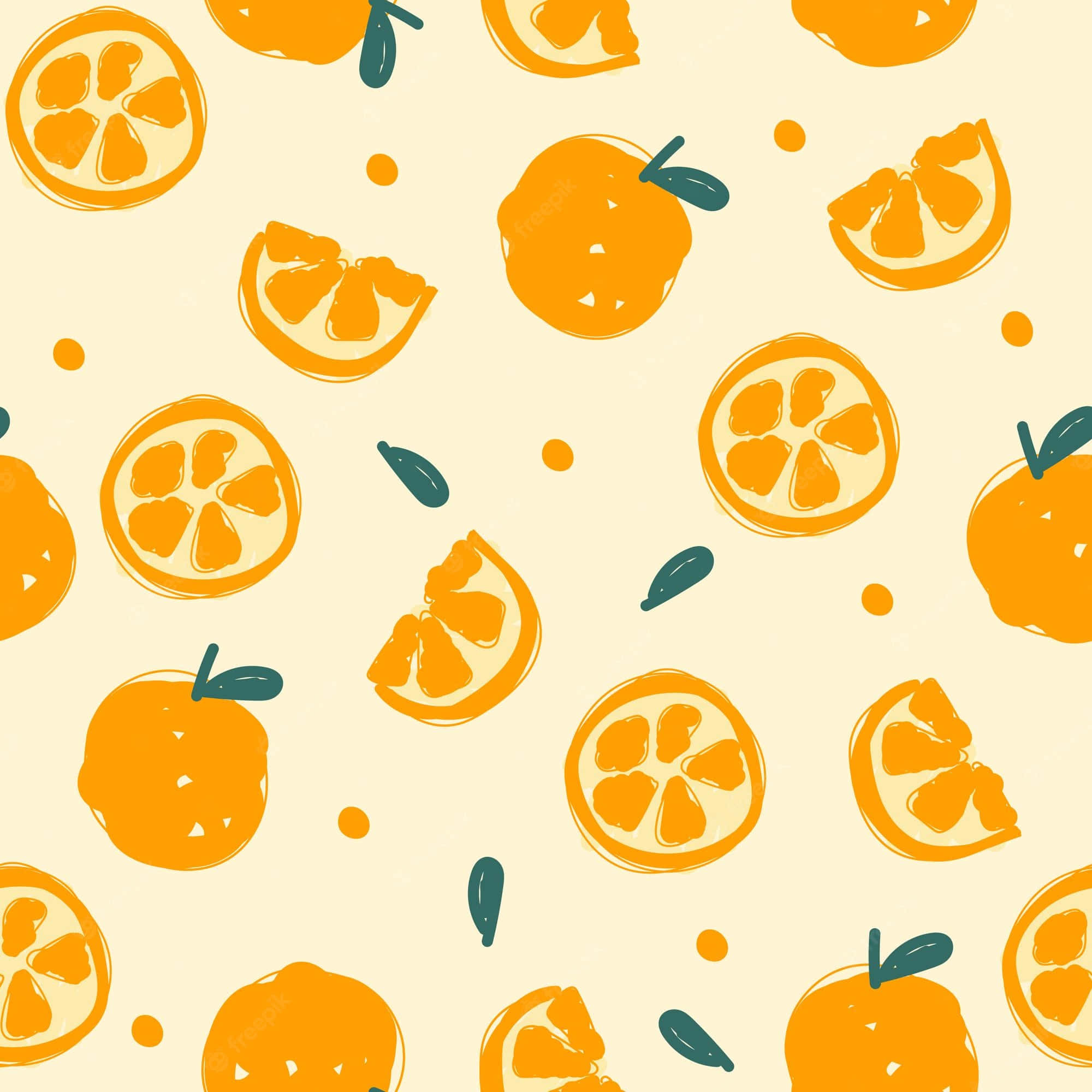 Cute Orange 桌布 壁紙 — 鮮豔的橙片和完整的水果，配上綠葉，散落在奶油米色背景上，形成有趣的圖案。