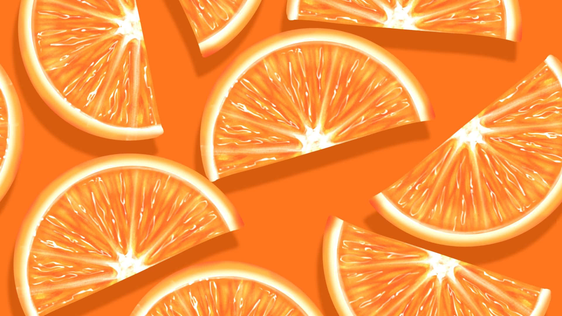 Cute Orange 桌布 壁紙 — 鮮豔的橙片在純橙色背景上排列成明亮的圖案。