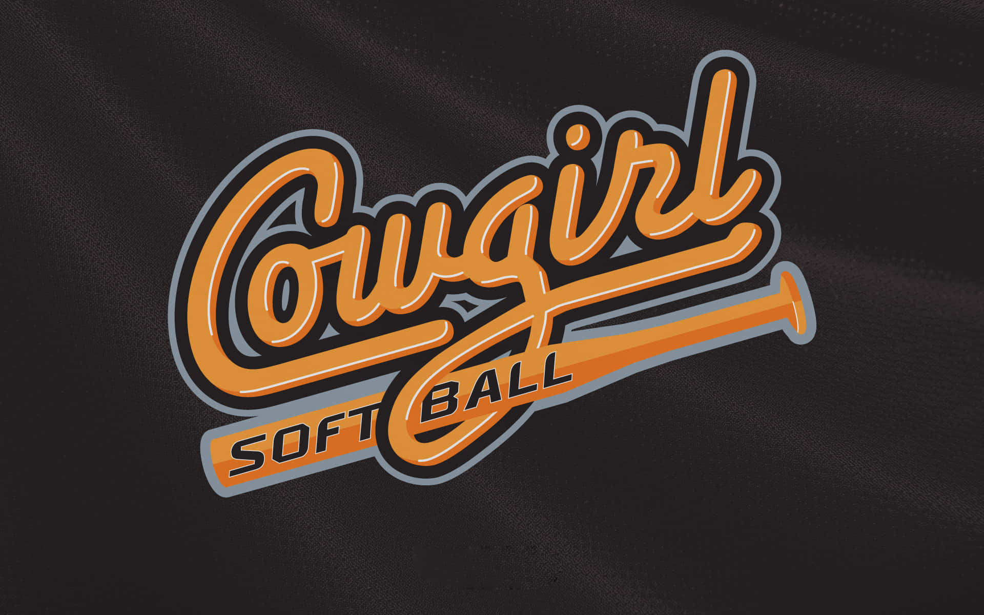 Softball 桌布 壁紙 — 鮮豔的橙色「Cowgirl Softball」標誌，帶有棒球棒設計，背景為質感黑色布料。