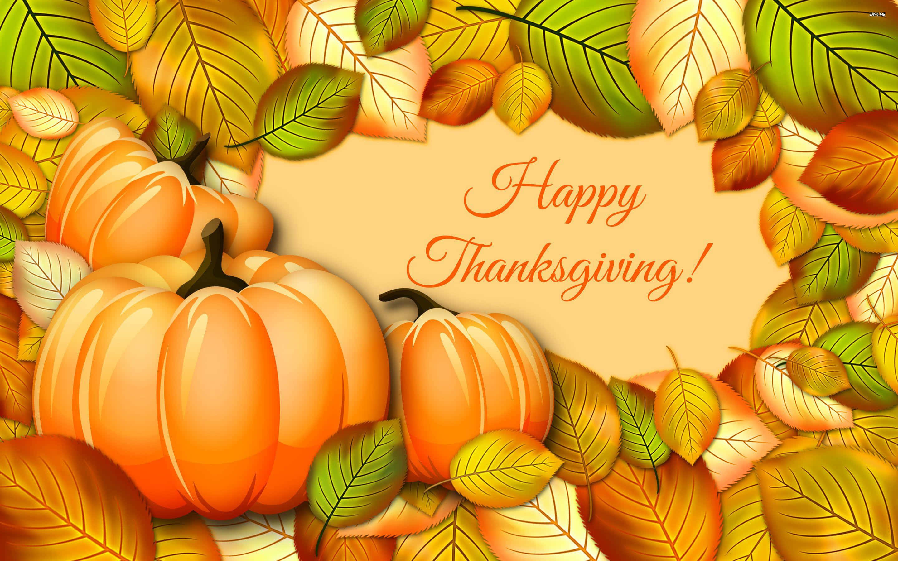 Happy Thanksgiving 桌布 壁紙 — 鮮豔的橙色南瓜和秋葉以溫暖的秋季色彩框起歡快的「Happy Thanksgiving!」信息。