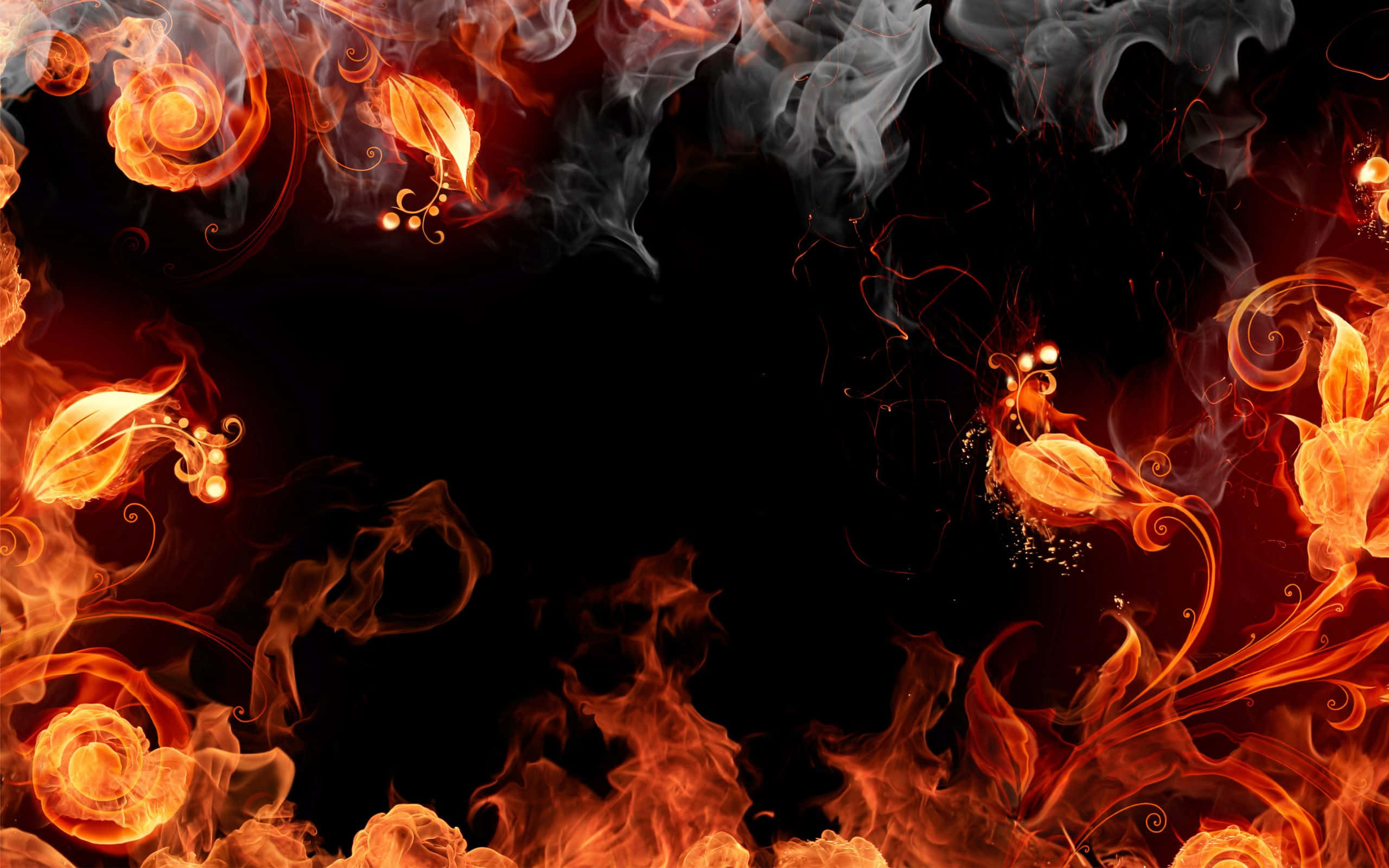 Flame 桌布 壁紙 — 鮮豔的橙色和紅色火焰在深色背景上以華麗圖案旋轉，形成火熱的裝飾邊框。