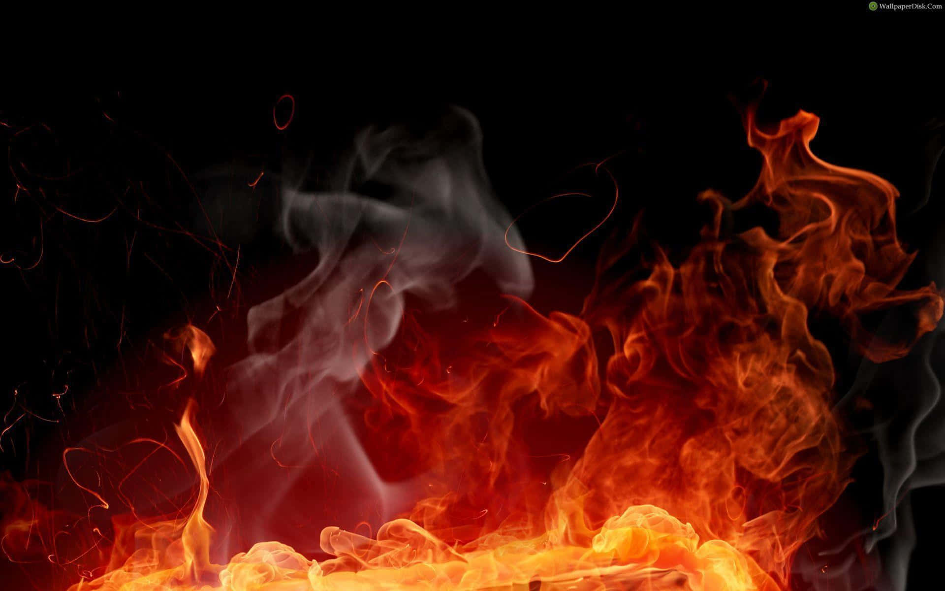 3d Fire 桌布 壁紙 — 鮮豔的橙色和紅色火焰在漆黑的背景上向上翻騰，周圍有縷縷白煙旋轉。