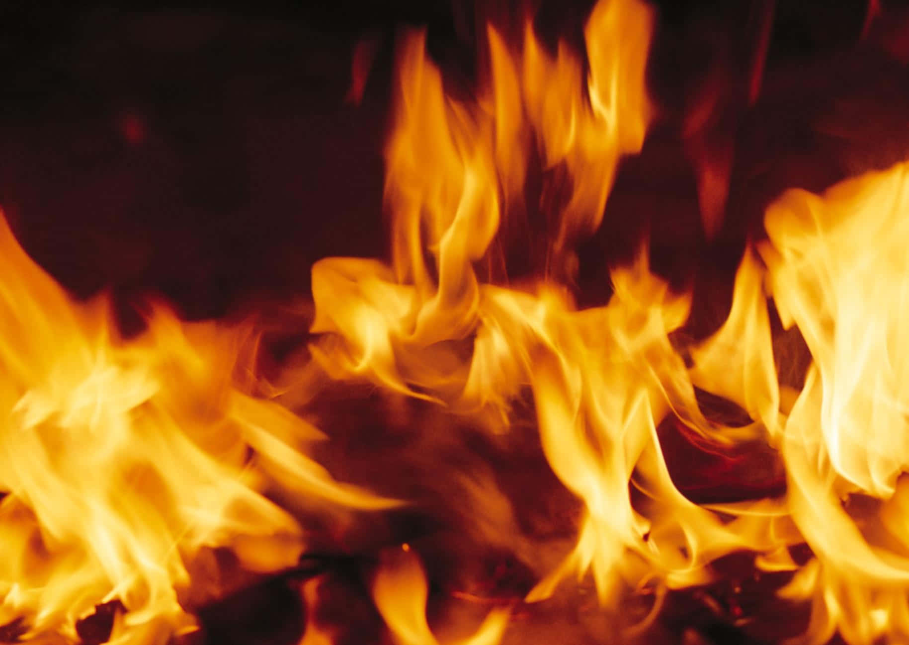 Flame 桌布 壁紙 — 鮮豔的橙色和黃色火焰在深色背景上以特寫鏡頭動態舞動。
