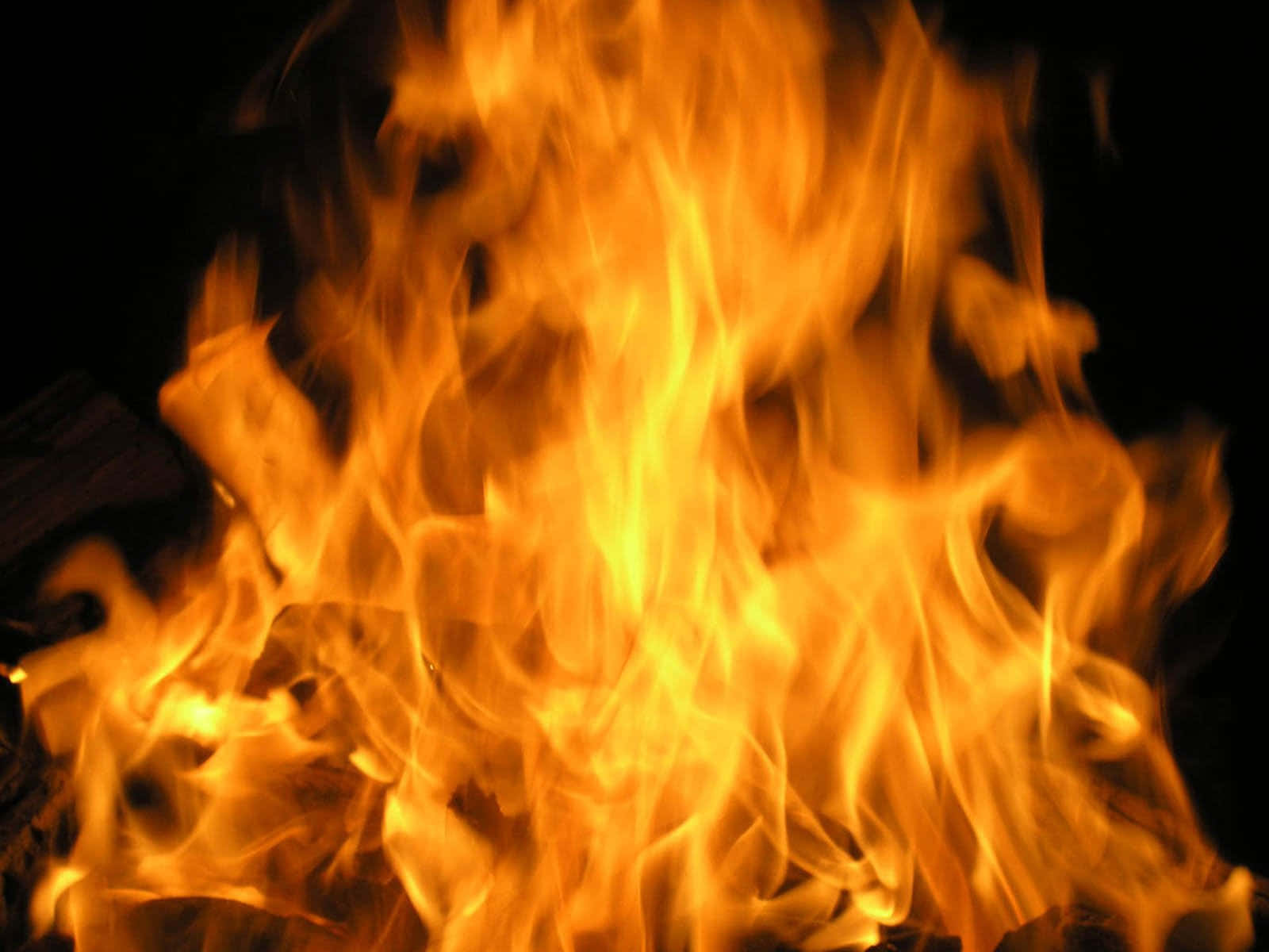 Flames 桌布 壁紙 — 鮮豔的橙色和黃色火焰在漆黑的背景下動態舞動。