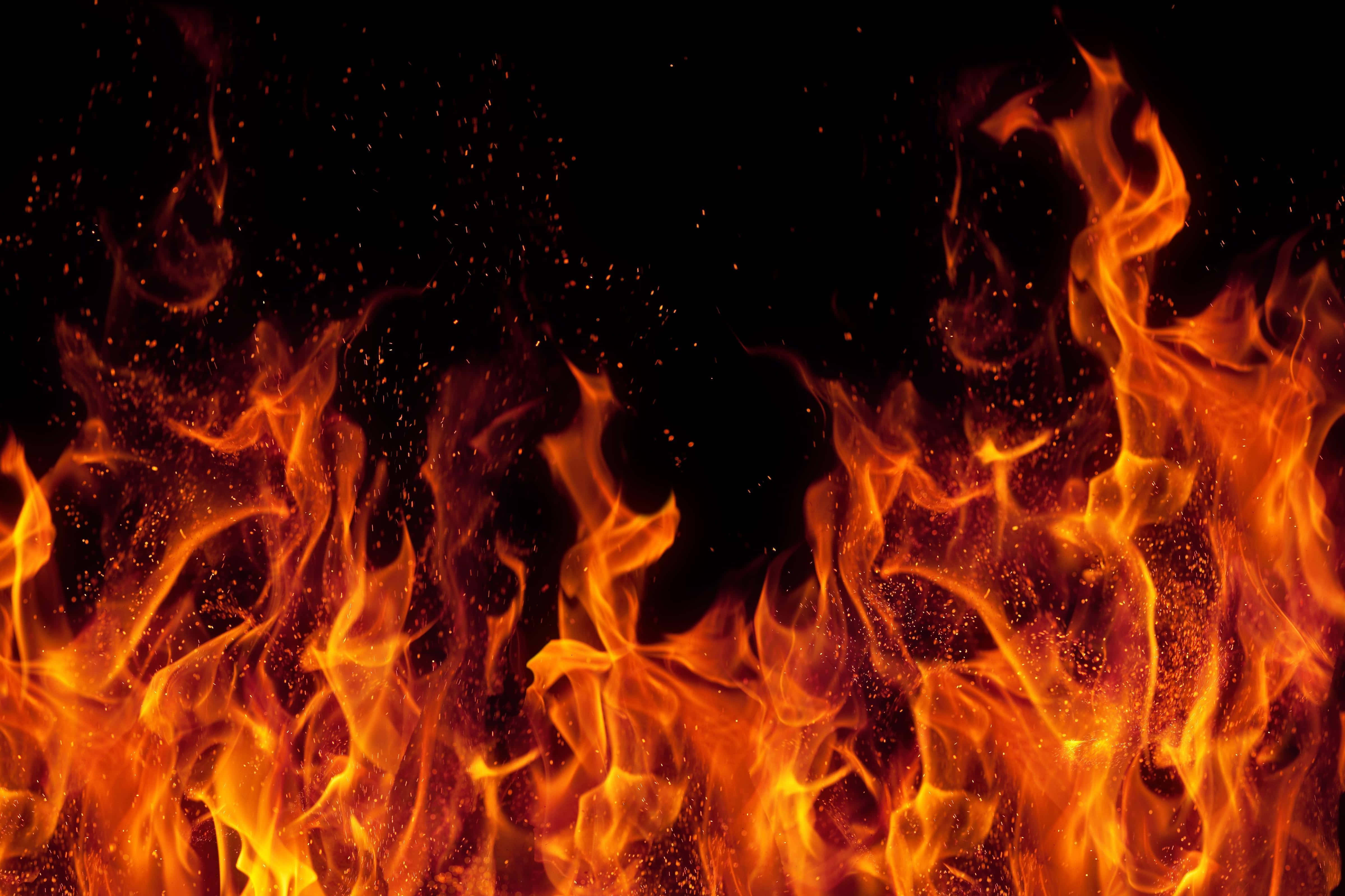 Flames 桌布 壁紙 — 鮮豔的橙色和黃色火焰在漆黑的背景上動態舞動，發光的餘燼向上飄浮。