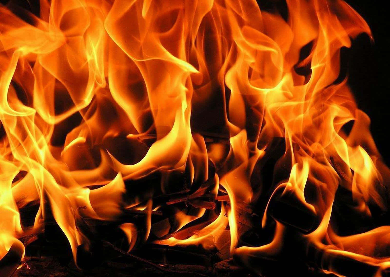 3d Fire 桌布 壁紙 — 鮮豔的橙色和黃色火焰在純黑背景上動感舞動，下方有發光的餘燼。
