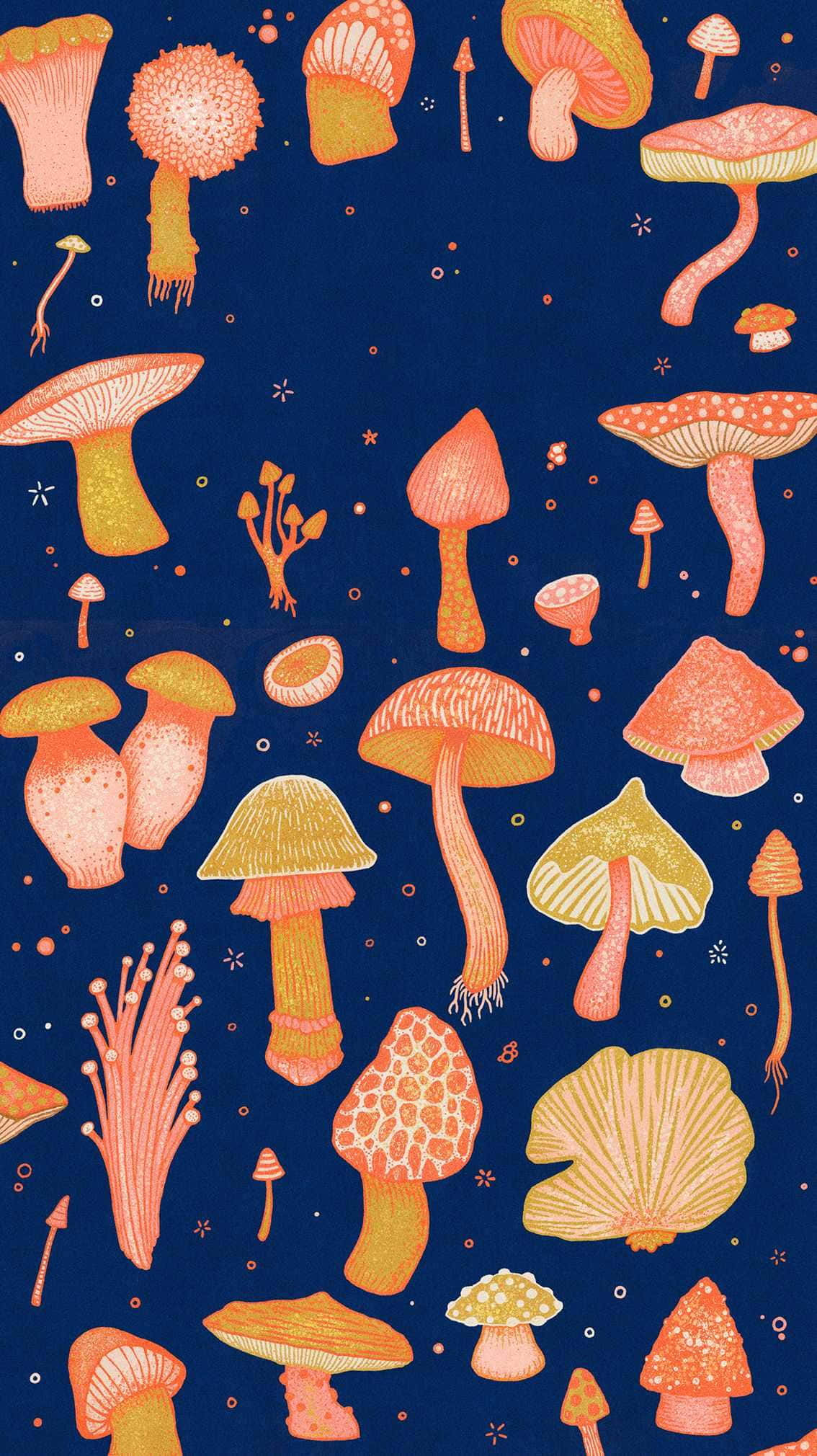 Kawaii Mushroom 桌布 壁紙 — 鮮豔的橙色和黃色蘑菇漂浮在深海軍藍色背景上，點綴著小星星。