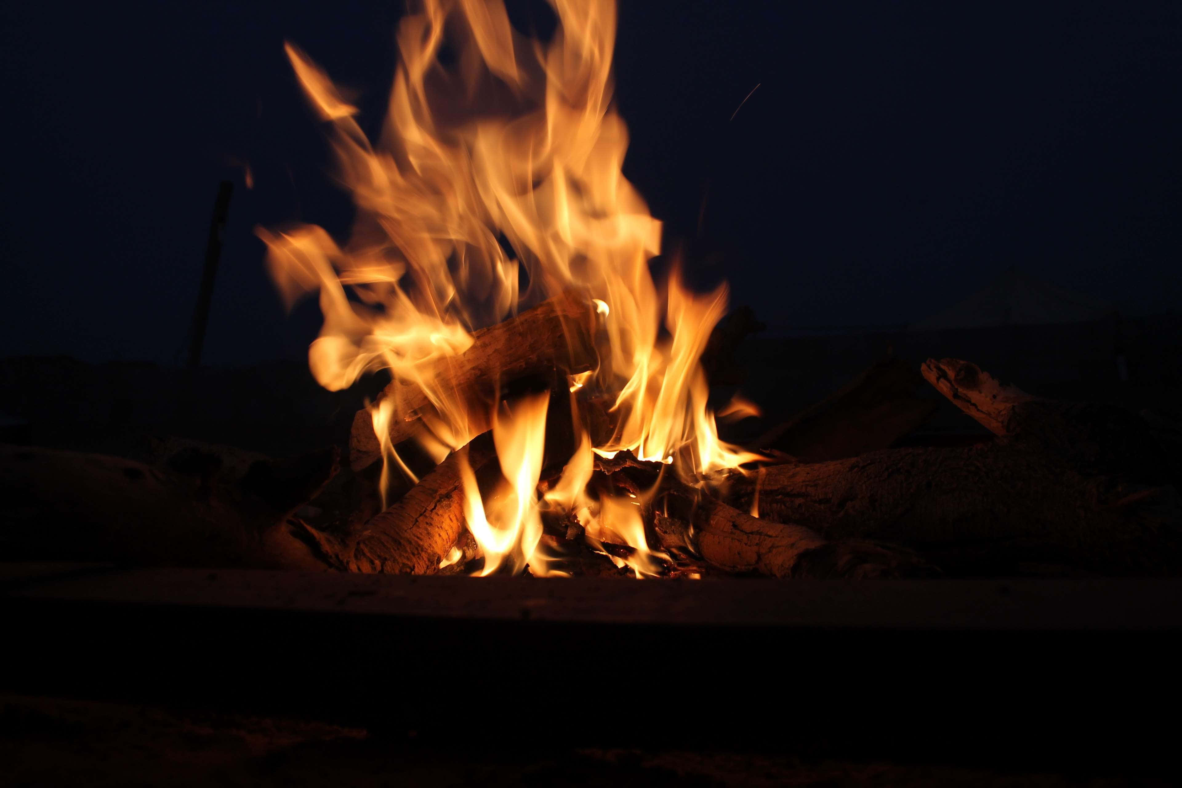 Campfire 桌布 壁紙 — 鮮豔的橙色火焰在黑暗的夜晚環境中，在發光的木頭上狂野舞動，投射出溫暖的光芒。