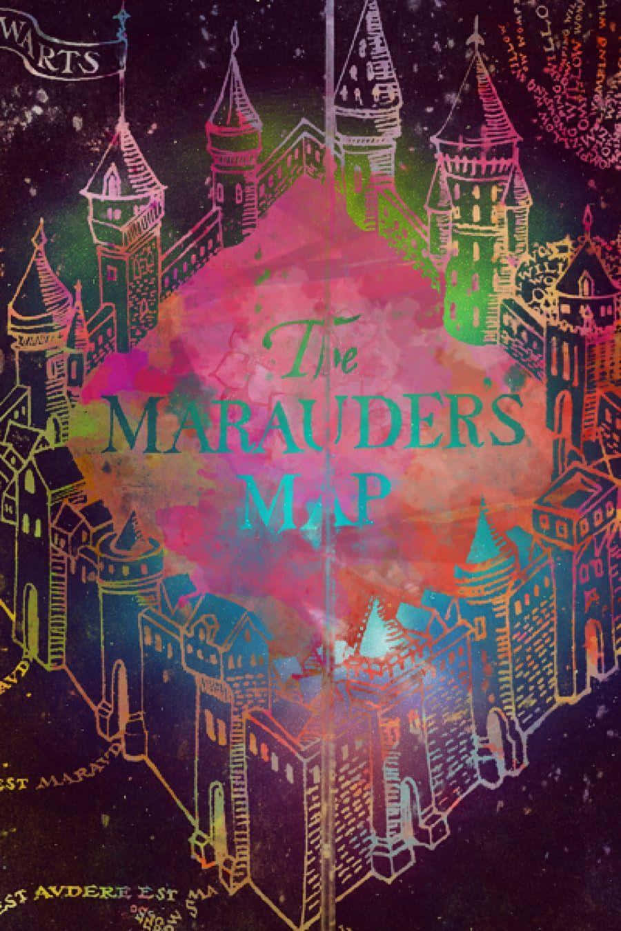 The Marauder's Map 桌布 壁紙 — 鮮豔的水彩潑濺覆蓋在劫盜地圖上霍格華茲城堡的詳細線條插圖上。